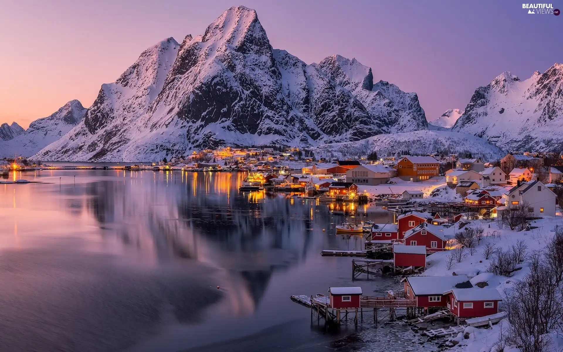 Moskenesoya Island, Reine Village, winter, Houses, Mountains, Lofoten, Norway, light