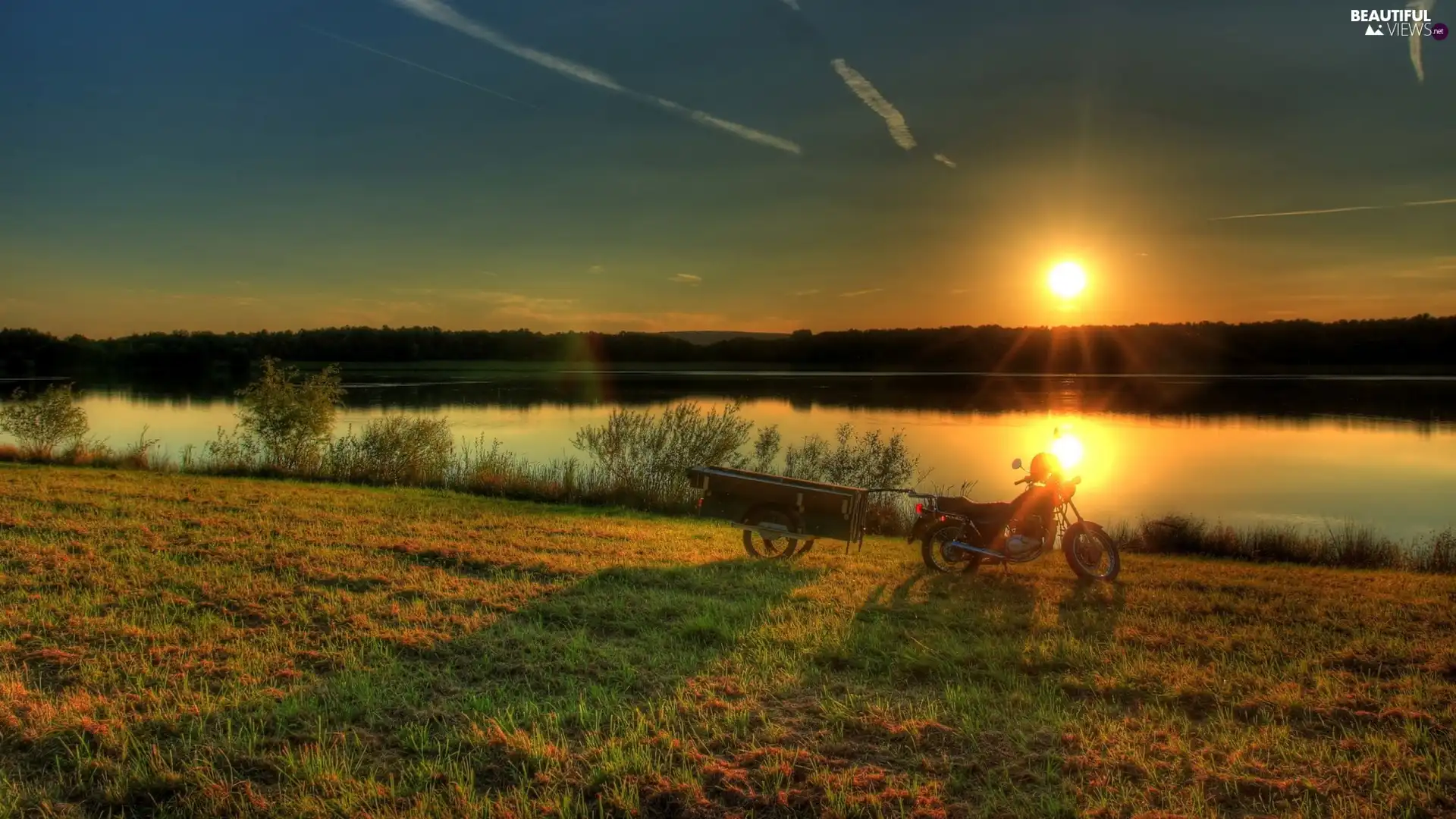 Motorbike, Trailer, west, sun, River
