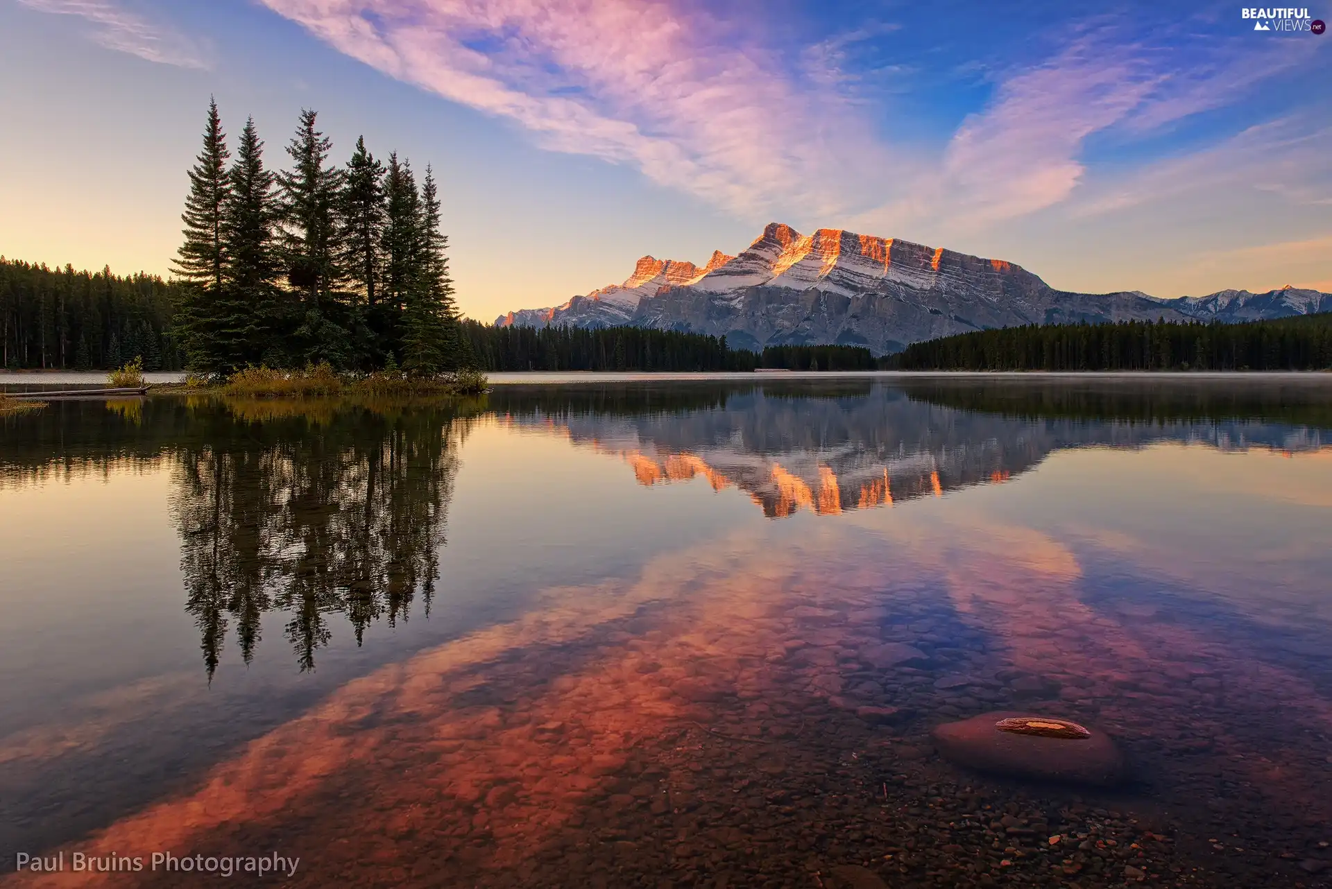 Two Jack Lake, Alberta, trees, Banff National Park, Canada, Mount Rundle, viewes