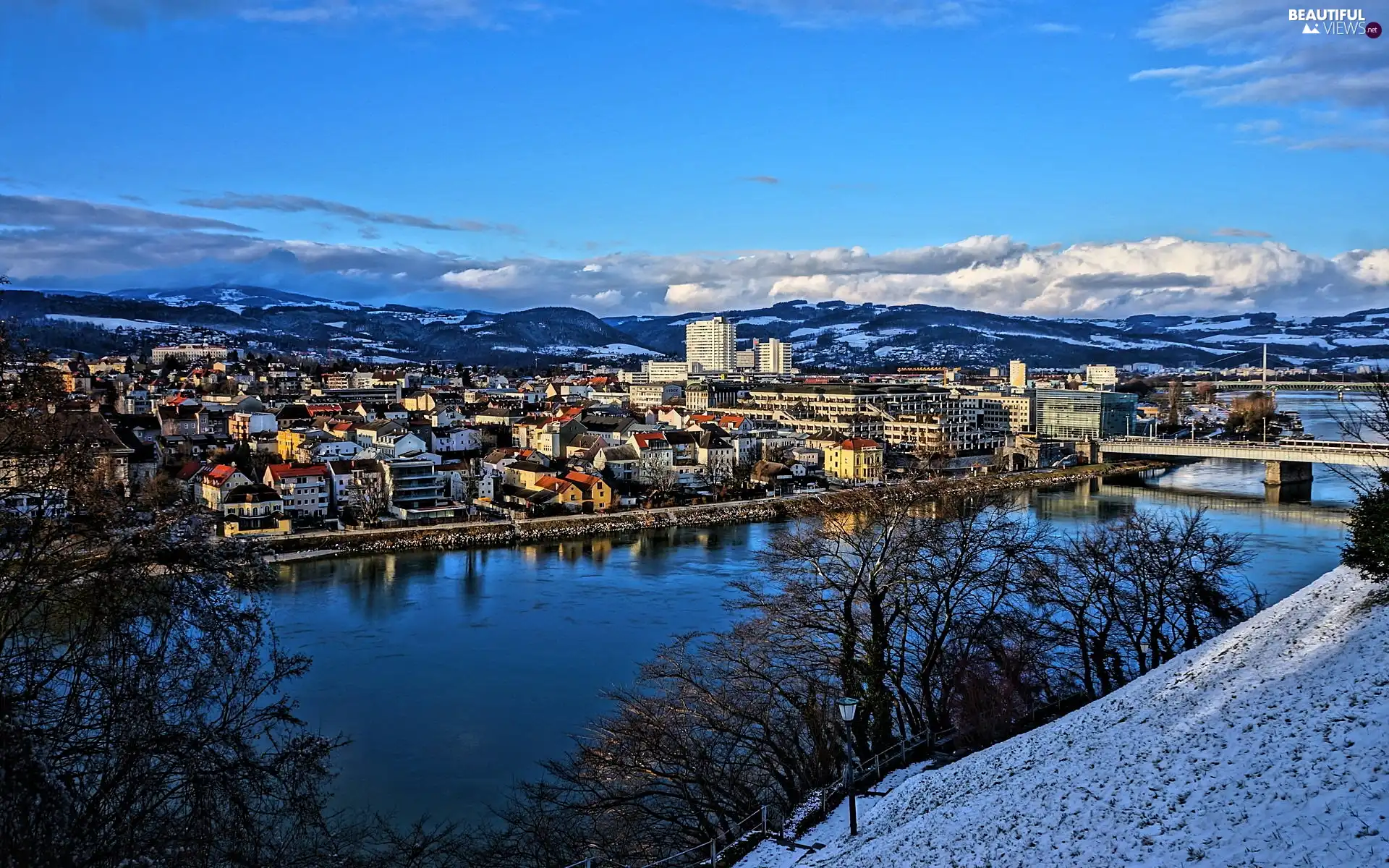 Mountains, Austria, River, Town, winter