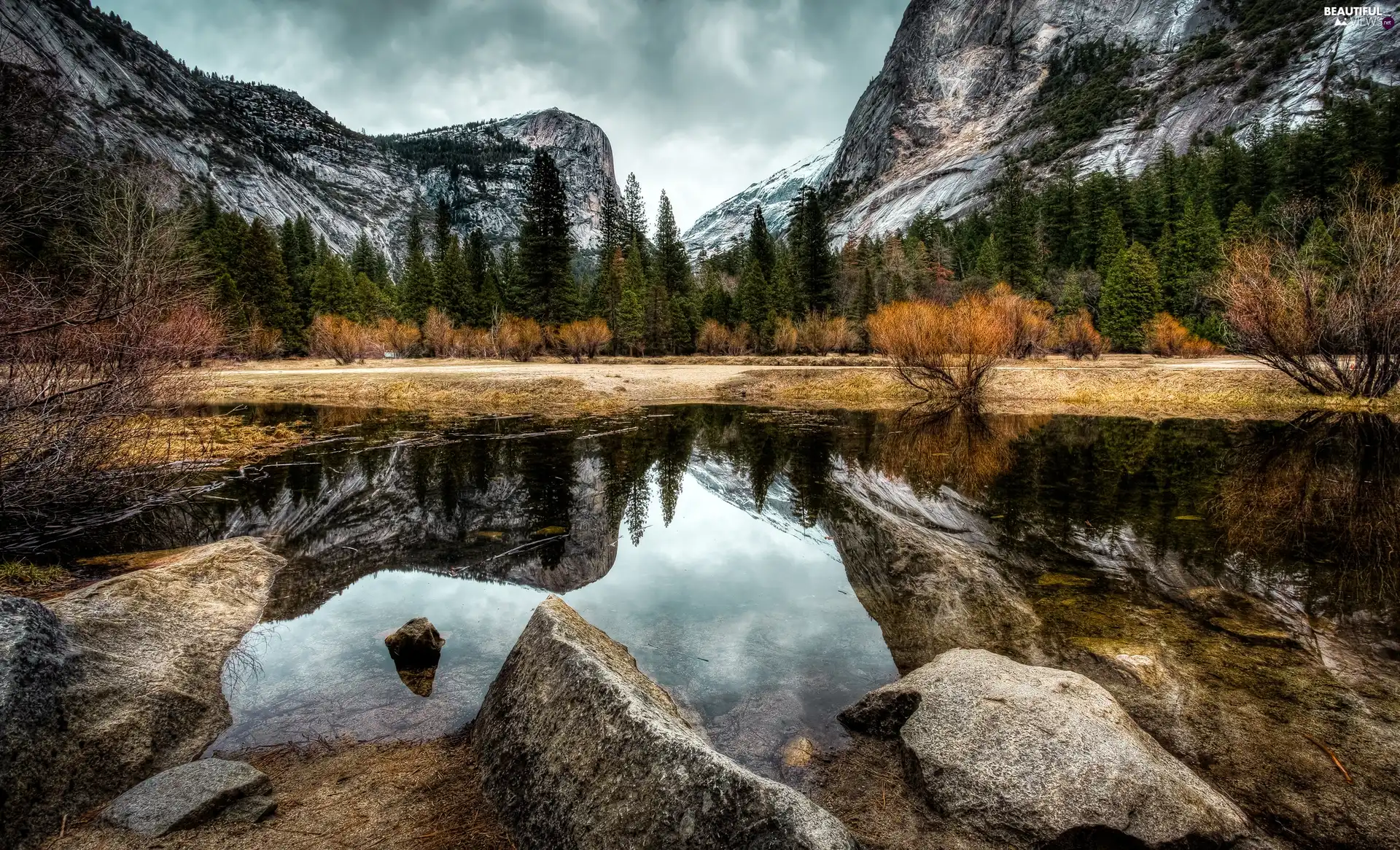 State of California, The United States, Yosemite National Park, Mountains, viewes, Mirror Lake, rocks, trees, Half Dome Peak