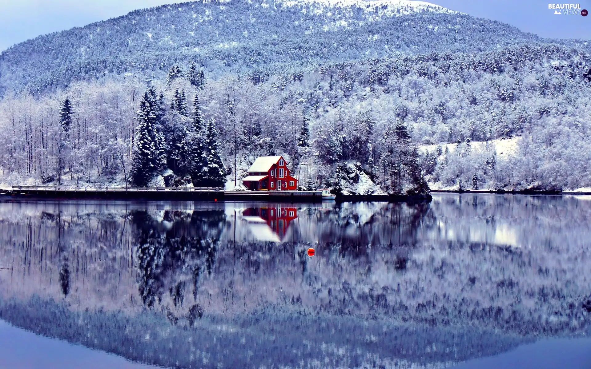 Mountains, Home, lake, woods, winter