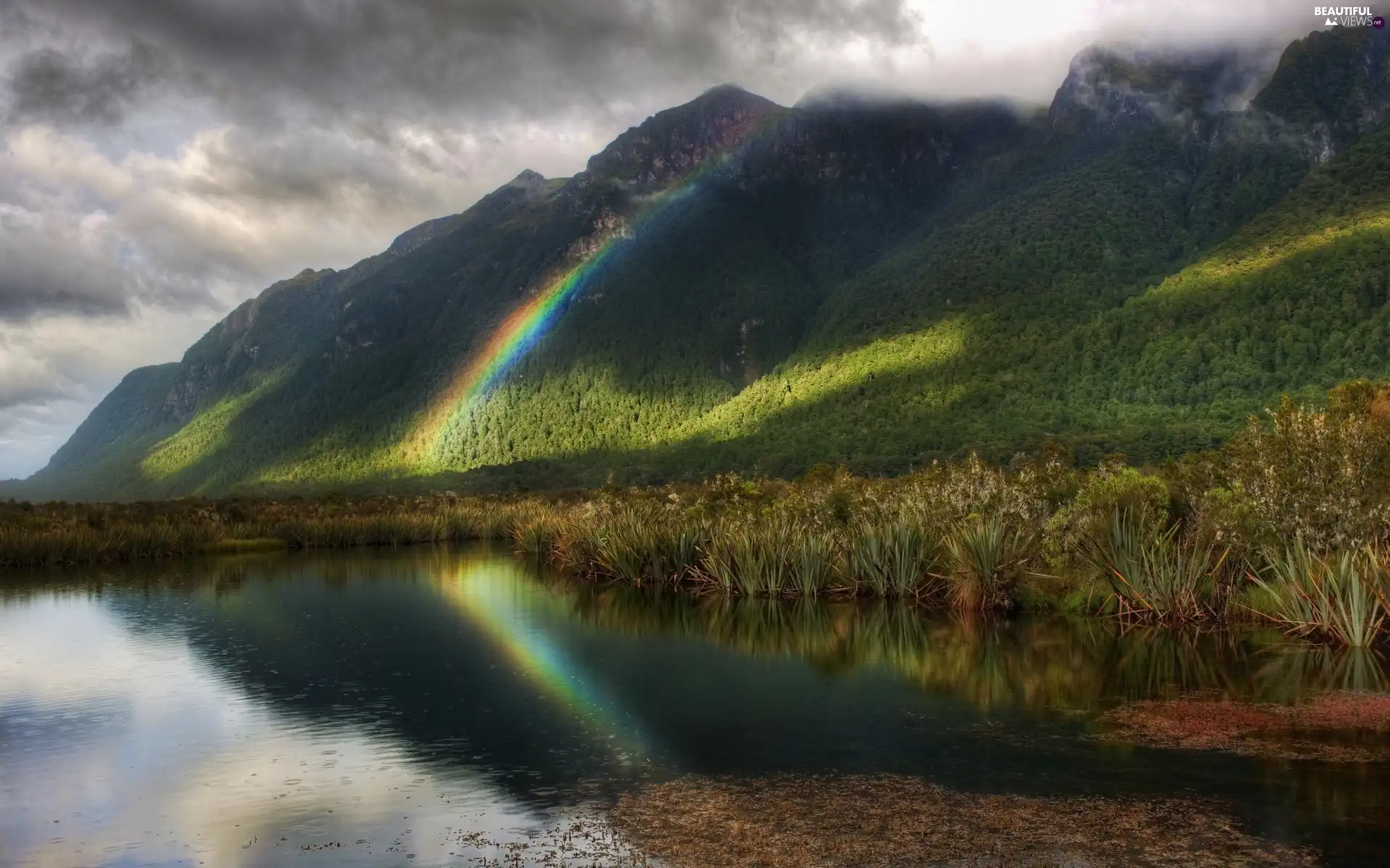 lake, Great Rainbows, Mountains, Rain