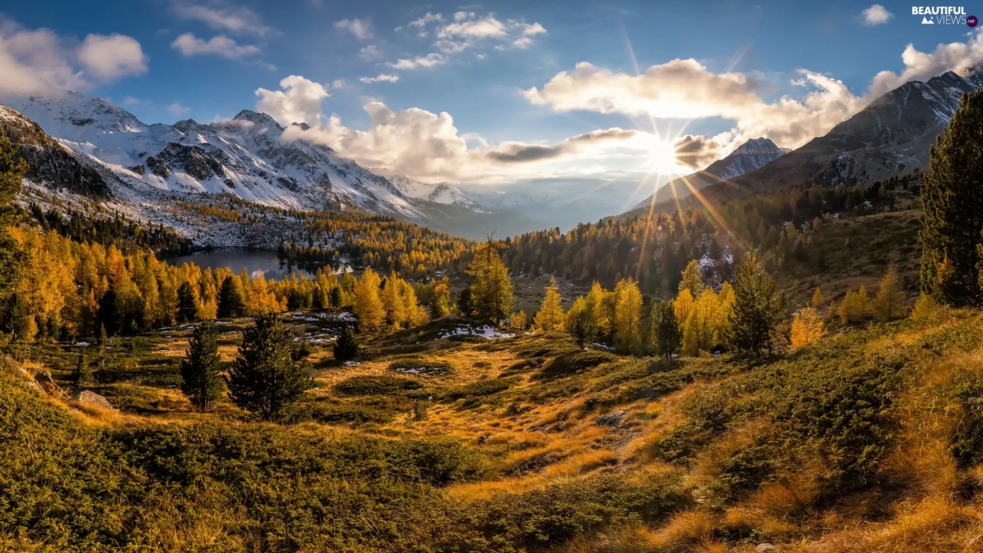 trees, viewes, autumn, Valley, clouds, lake, Mountains, rays of the Sun