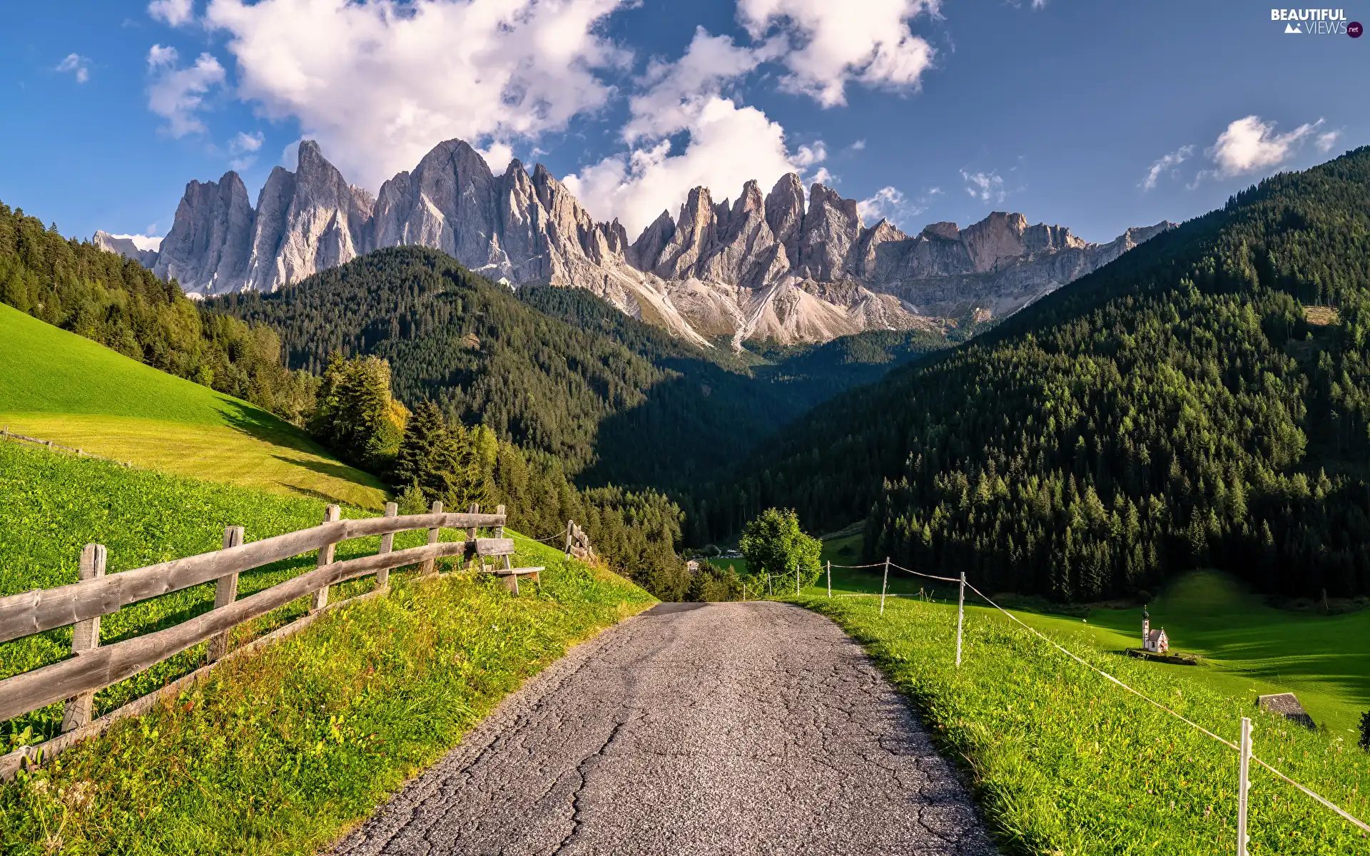 Mountains, Italy, Alps, Dolomites, fence, clouds, Way, woods, South Tyrol