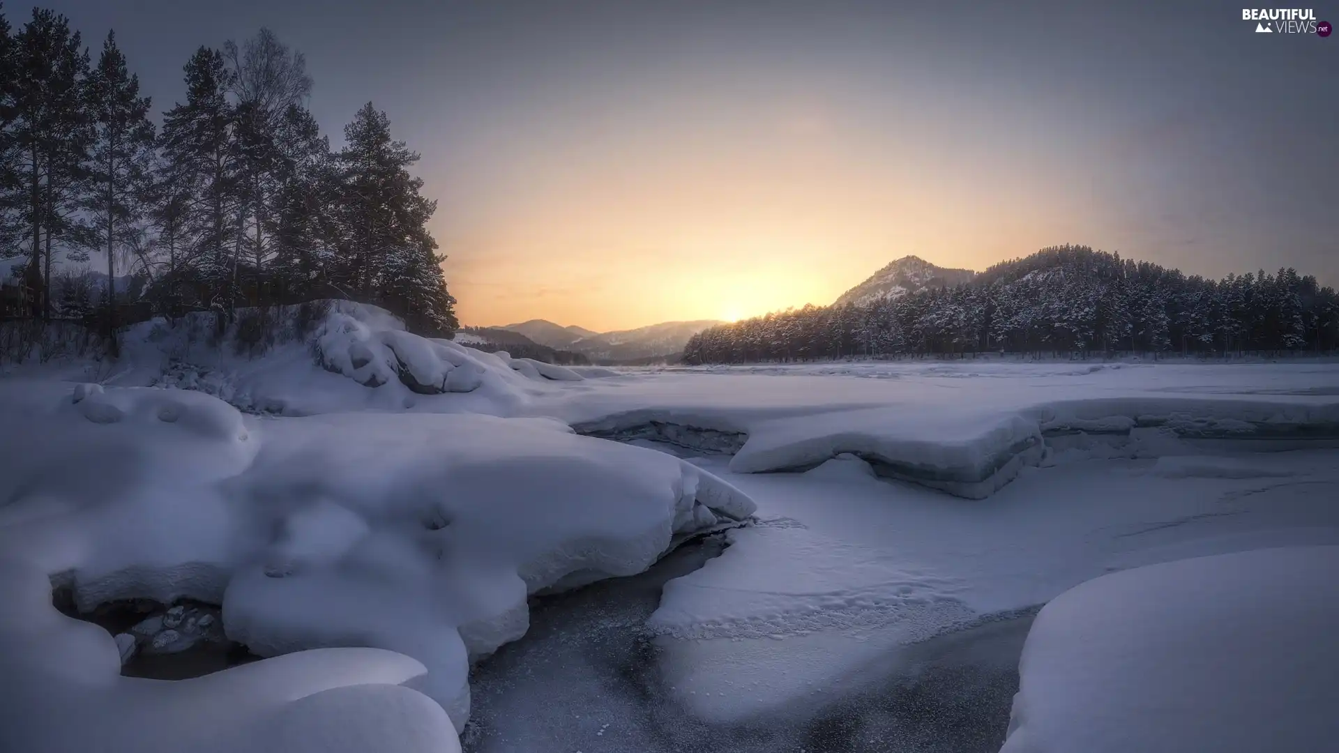 River, Great Sunsets, Mountains, forest, winter