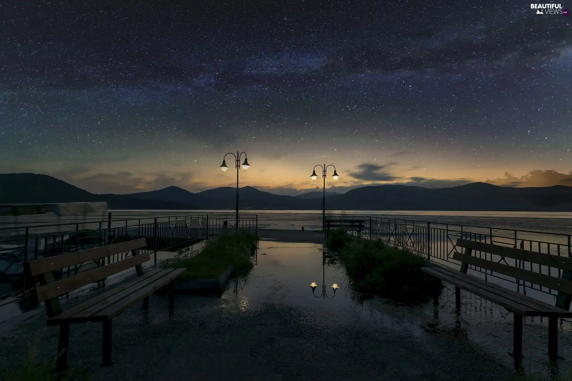 lake, bench, Sky, lanterns, Starry, promenade, pier, Night