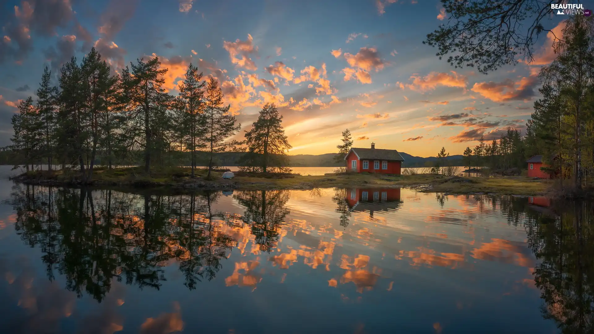 clouds, clouds, house, Ringerike, trees, Great Sunsets, Vaeleren Lake, Norway, reflection, viewes