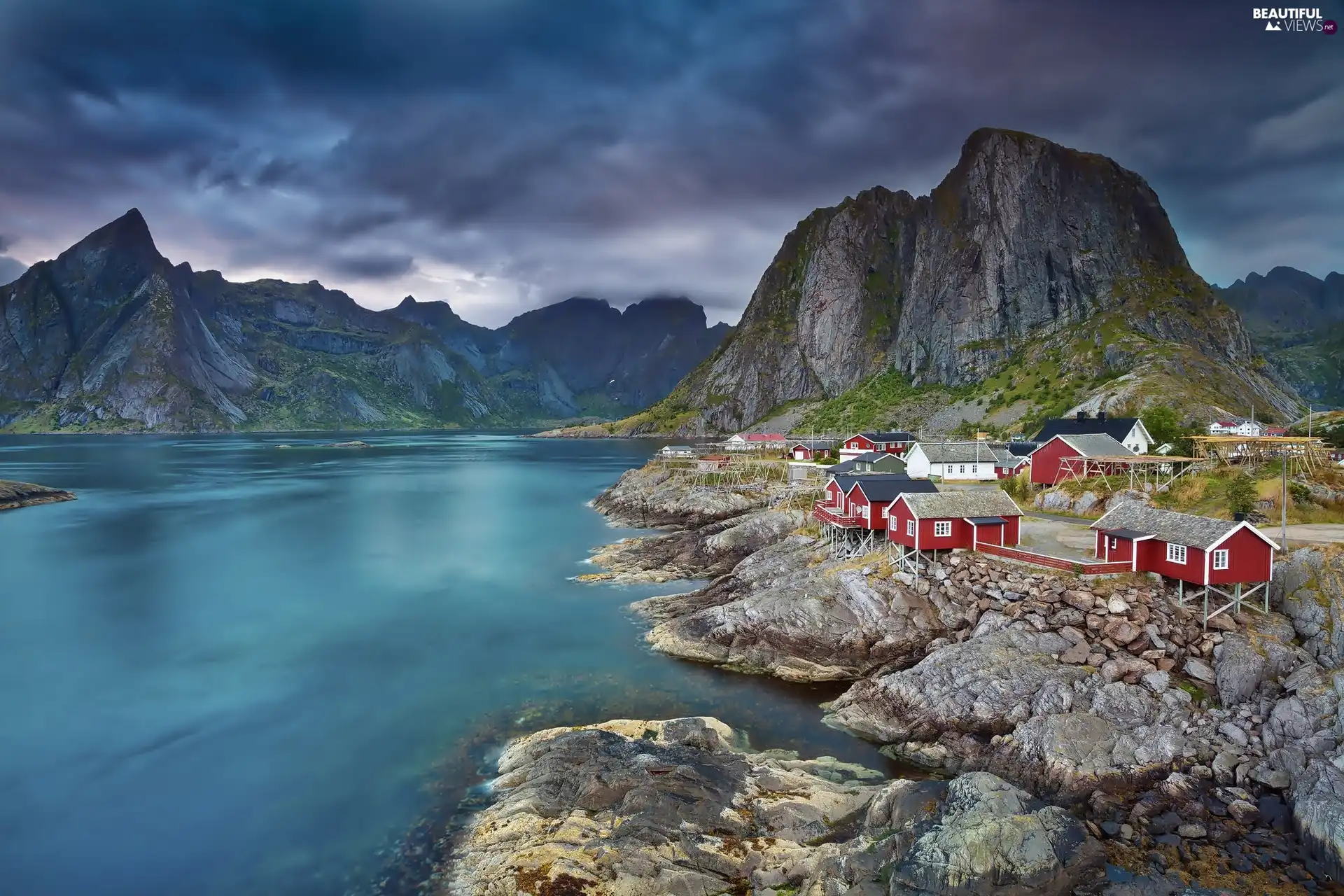 Houses, lake, Norway, Mountains