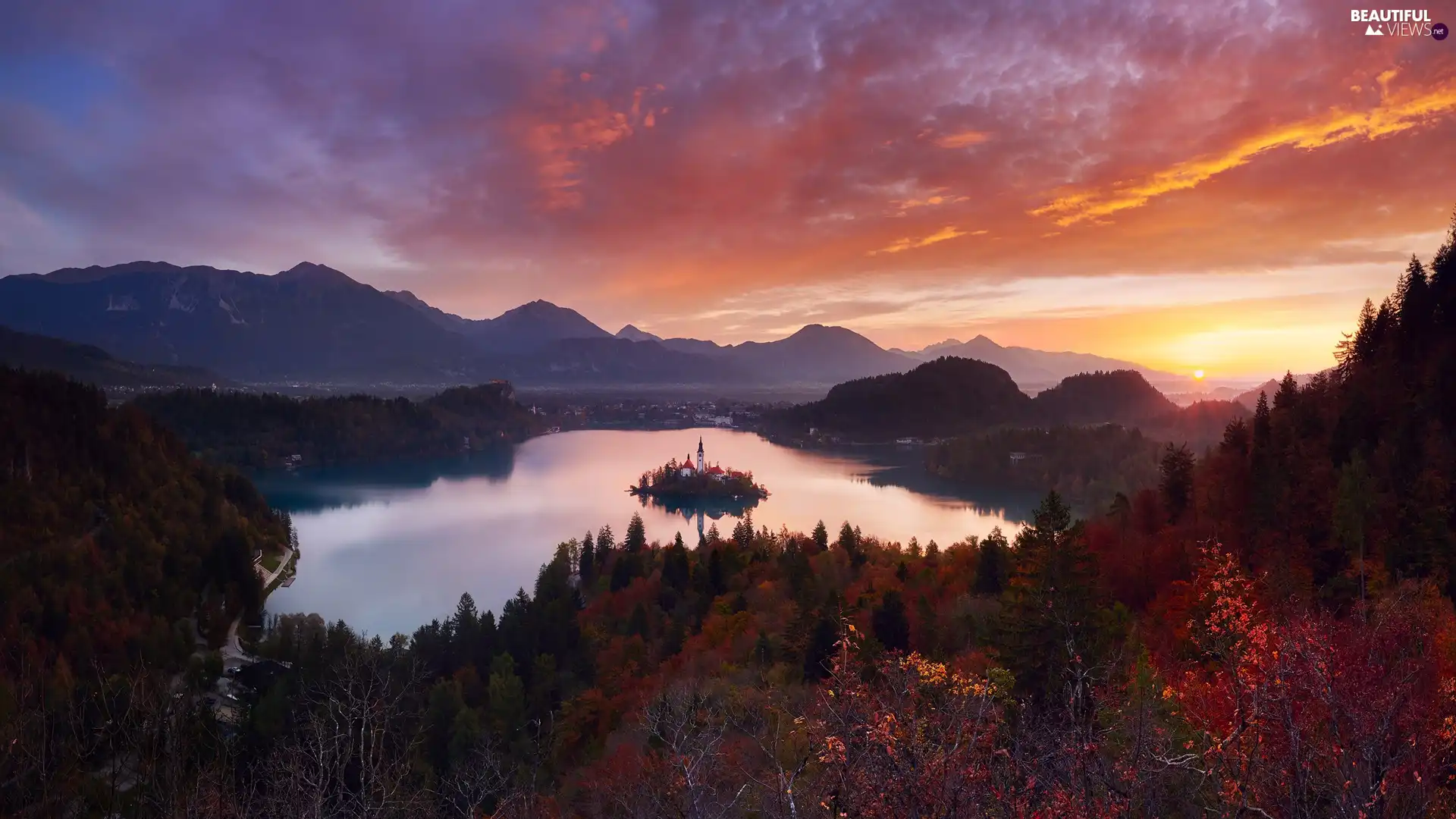 Lake Bled, Blejski Otok Island, Church of the Assumption of the Virgin Mary, Mountains, Great Sunsets, Slovenia, viewes, clouds, trees
