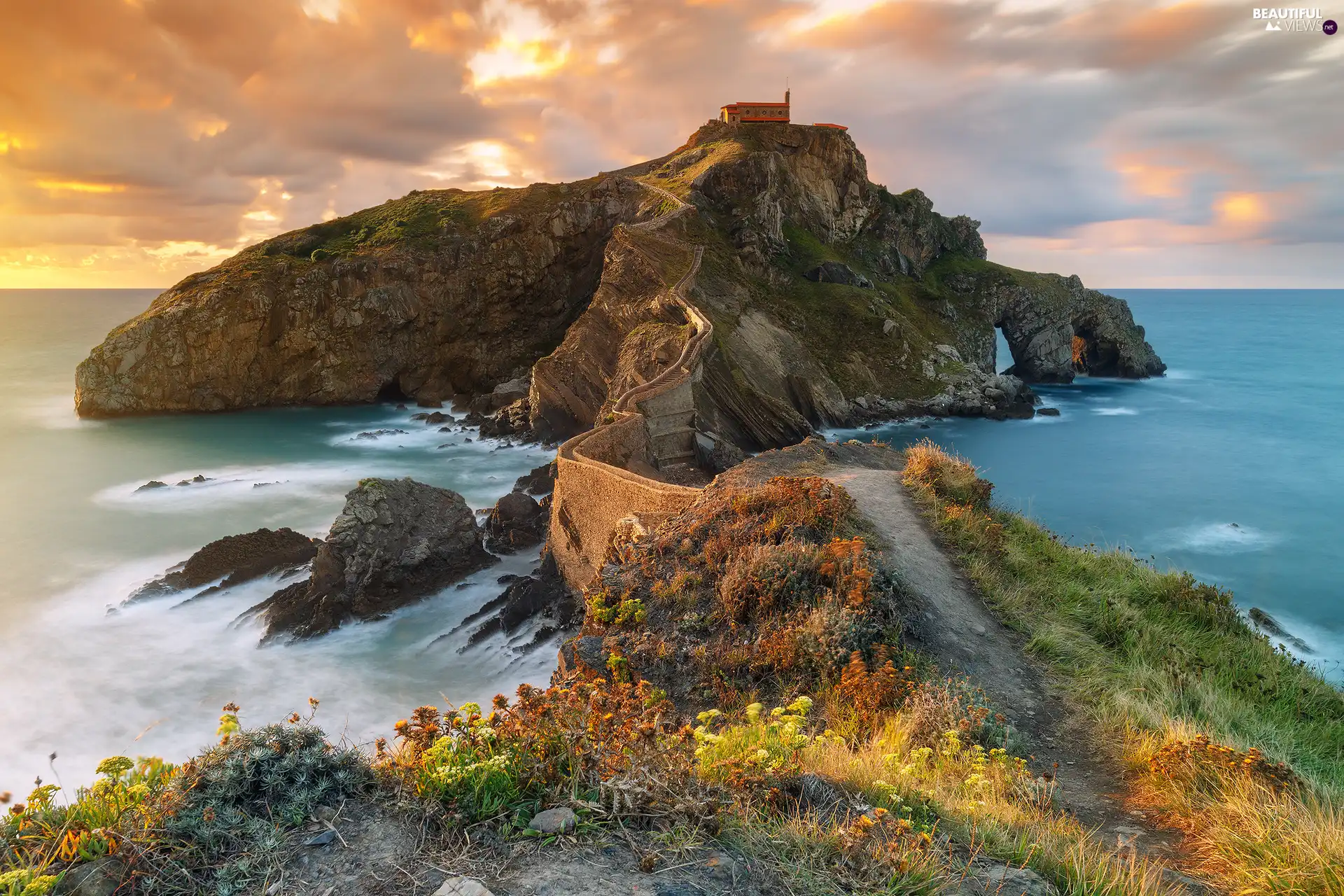 Gaztelugatxe Island, Basque Country, sea, Province of Vizcaya, Spain, rocks, Church