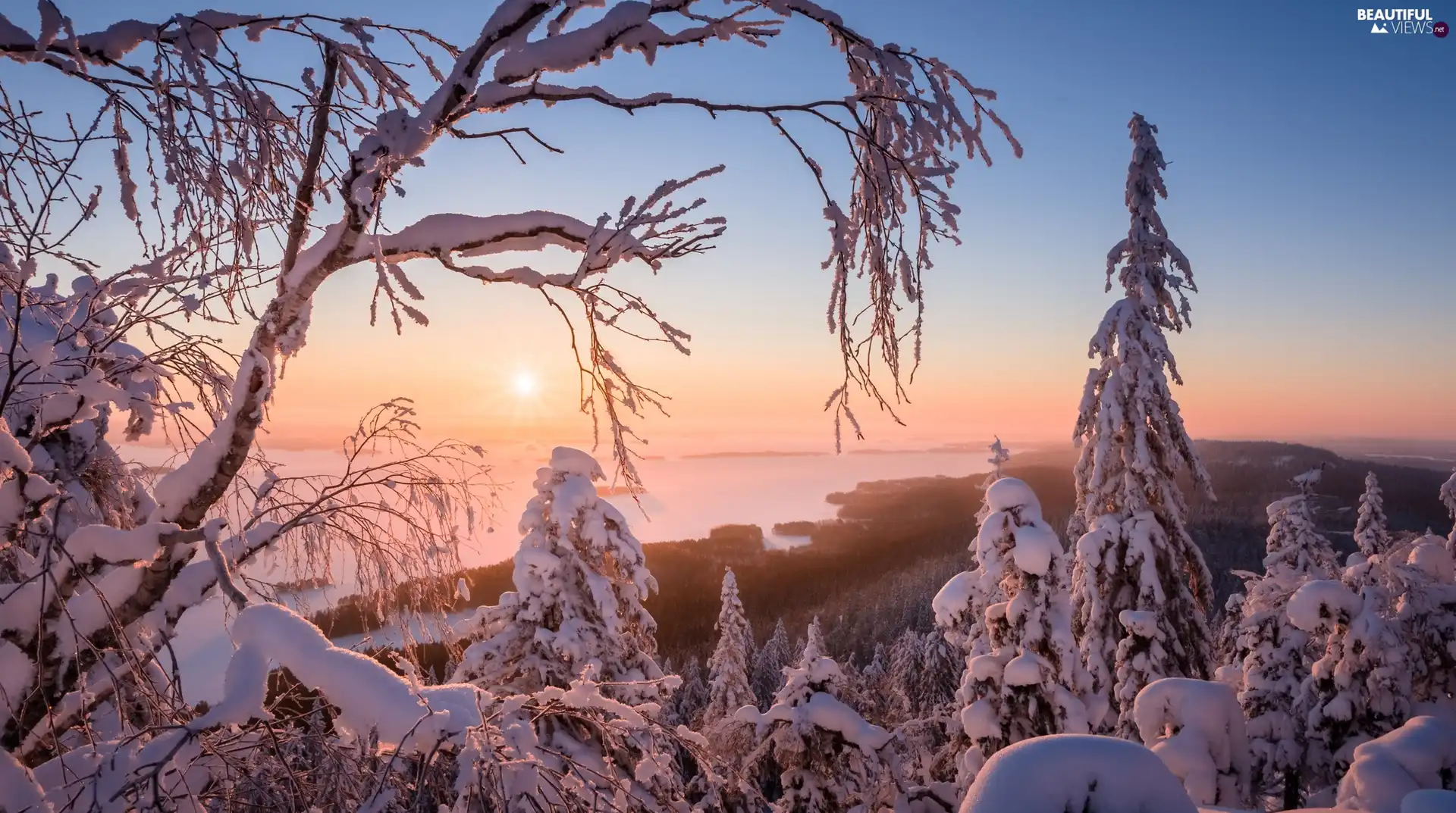 North Karelia Region, Finland, National Park of Koli, Lake Pielinen, rays of the Sun, Fog, trees, viewes, winter