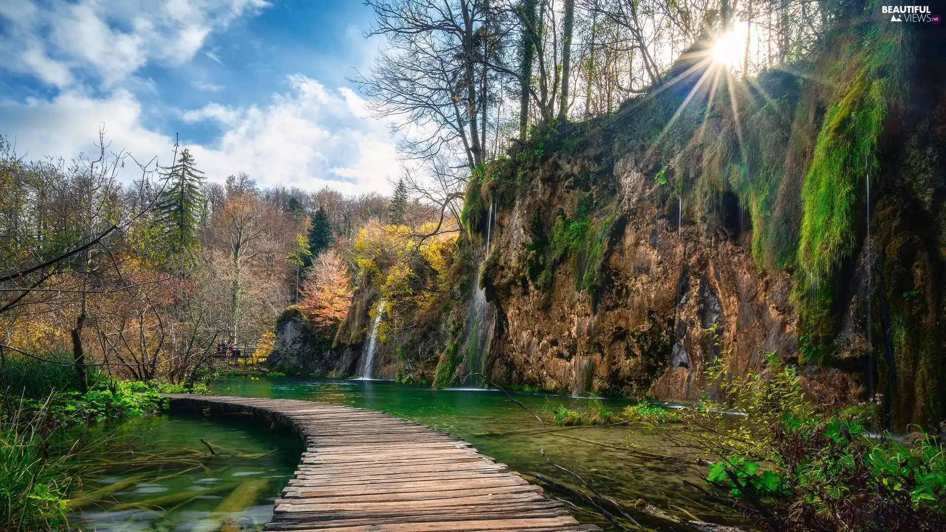 trees, waterfall, viewes, Platform, Plitvice Lakes National Park, Coartia, rays of the Sun, clouds, lake