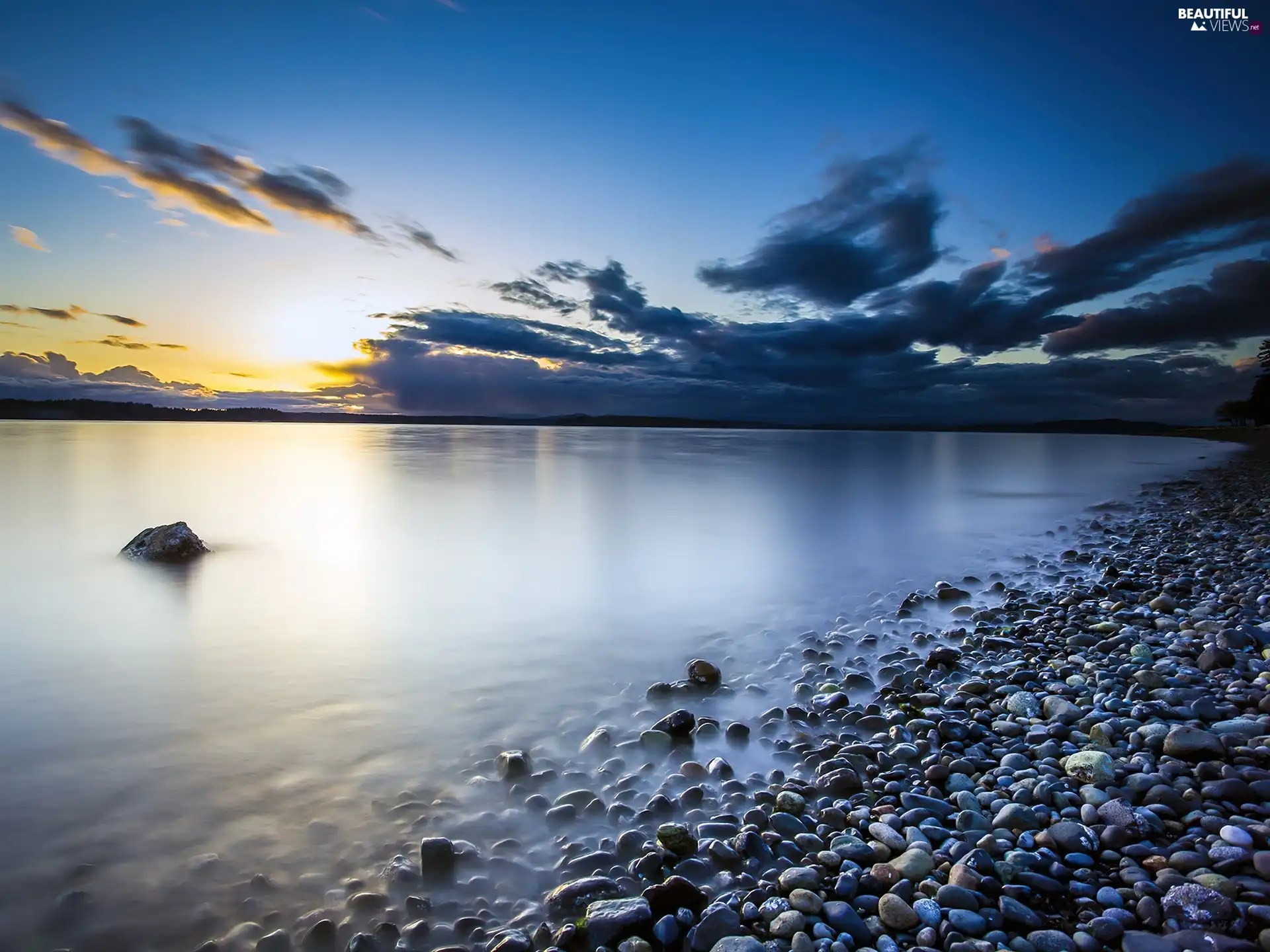 Great Sunsets, lake, pebbles