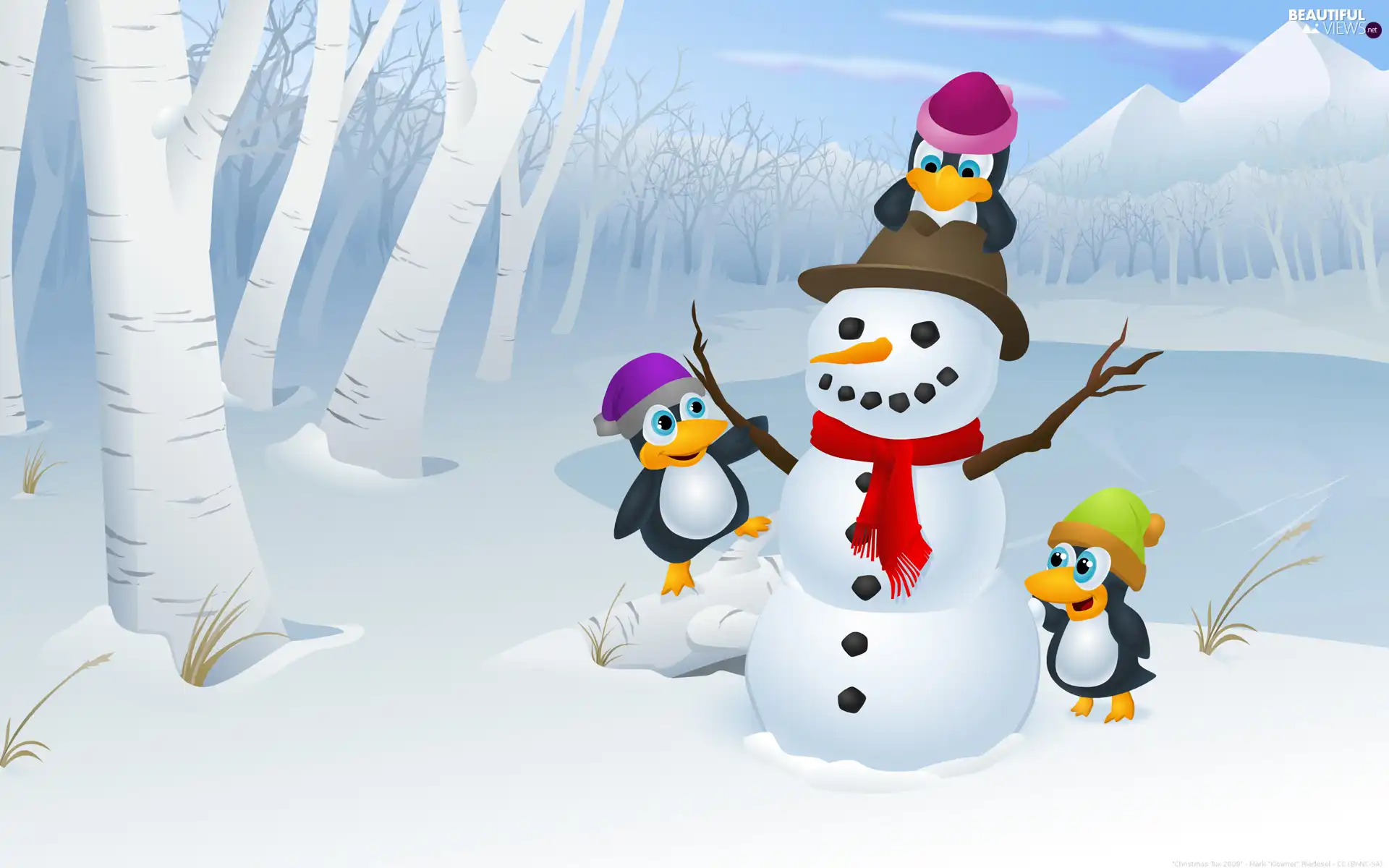 penguin, winter, Snowman