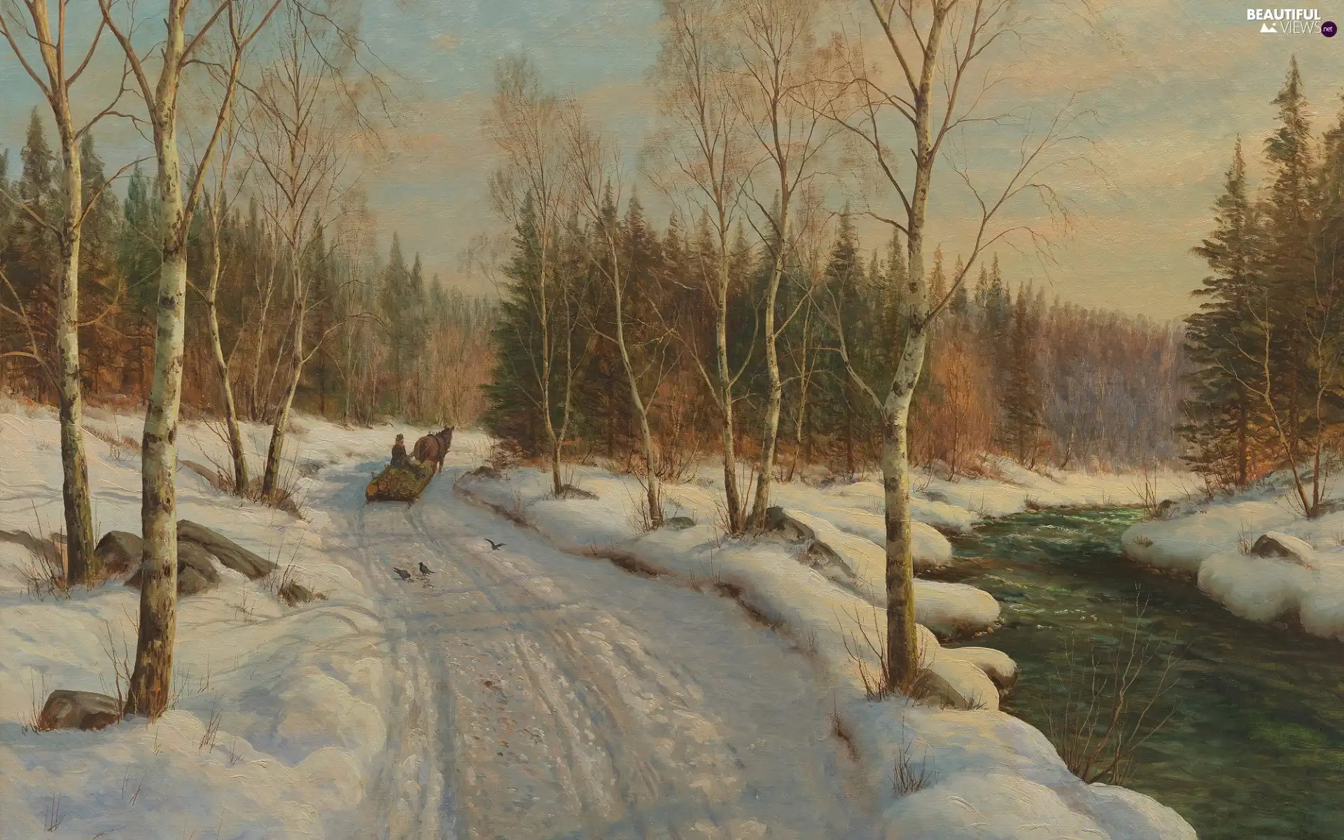 Horse, Way, sleigh, birds, River, trees, picture, viewes, winter, birch, forest, Peder Monsted, Human, painting, Spruces