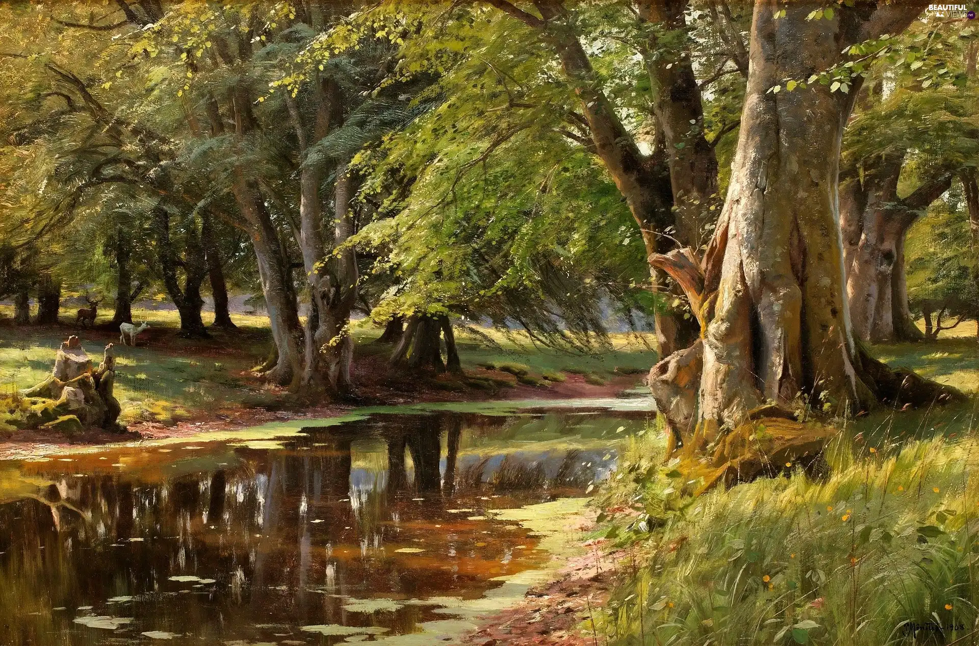 painting, Peder Monsted, brook, picture, forest