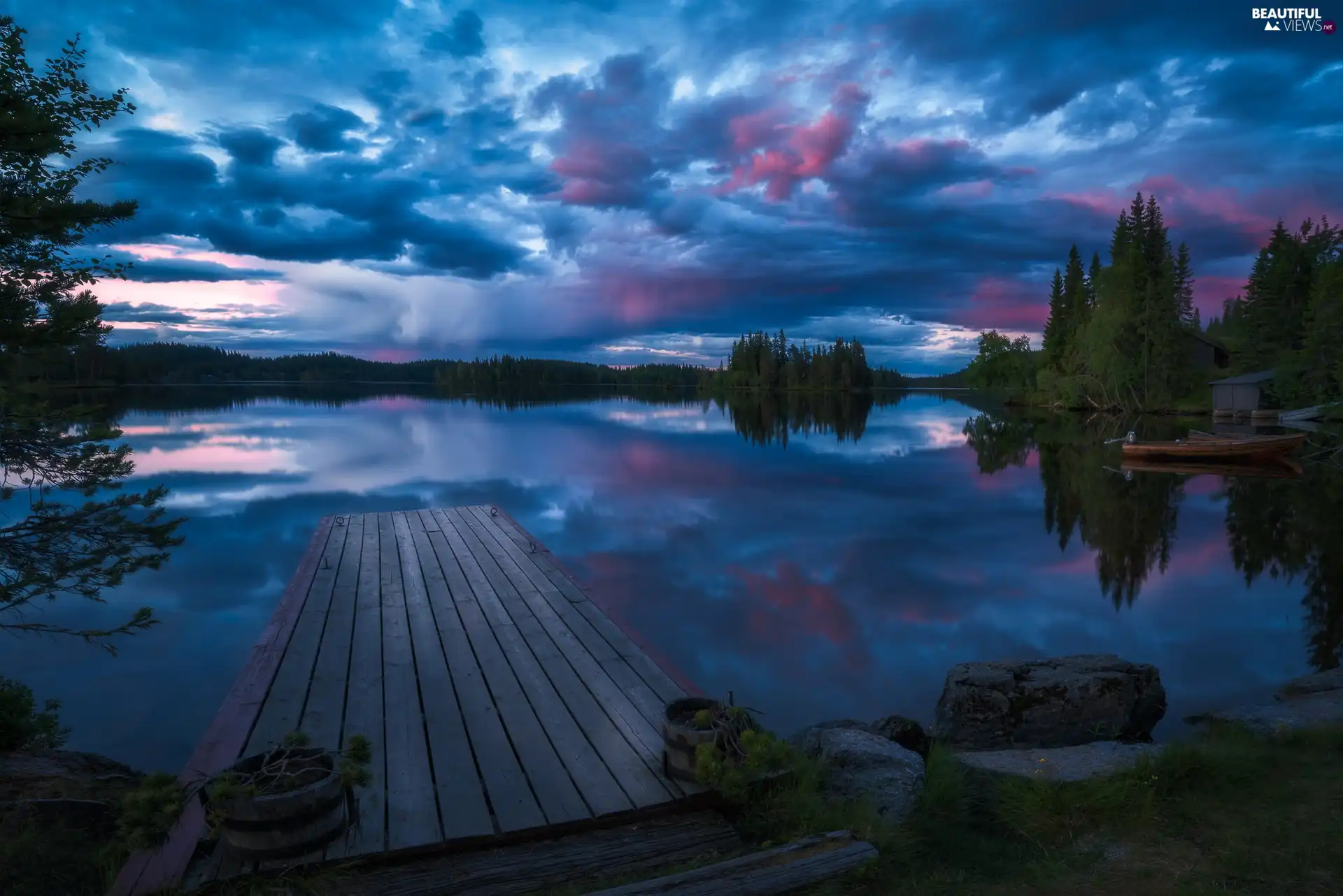 lake, Platform, viewes, Clouds, trees, Ringerike, Norway, Sky