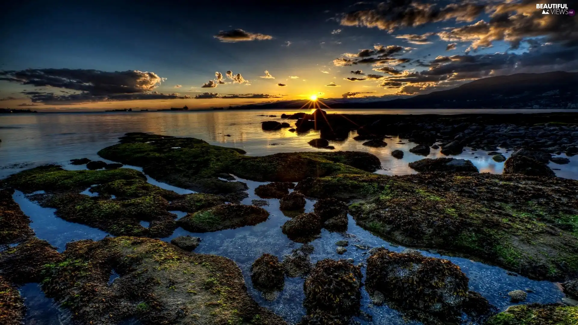 rays, Great Sunsets, mossy, Stones, lake