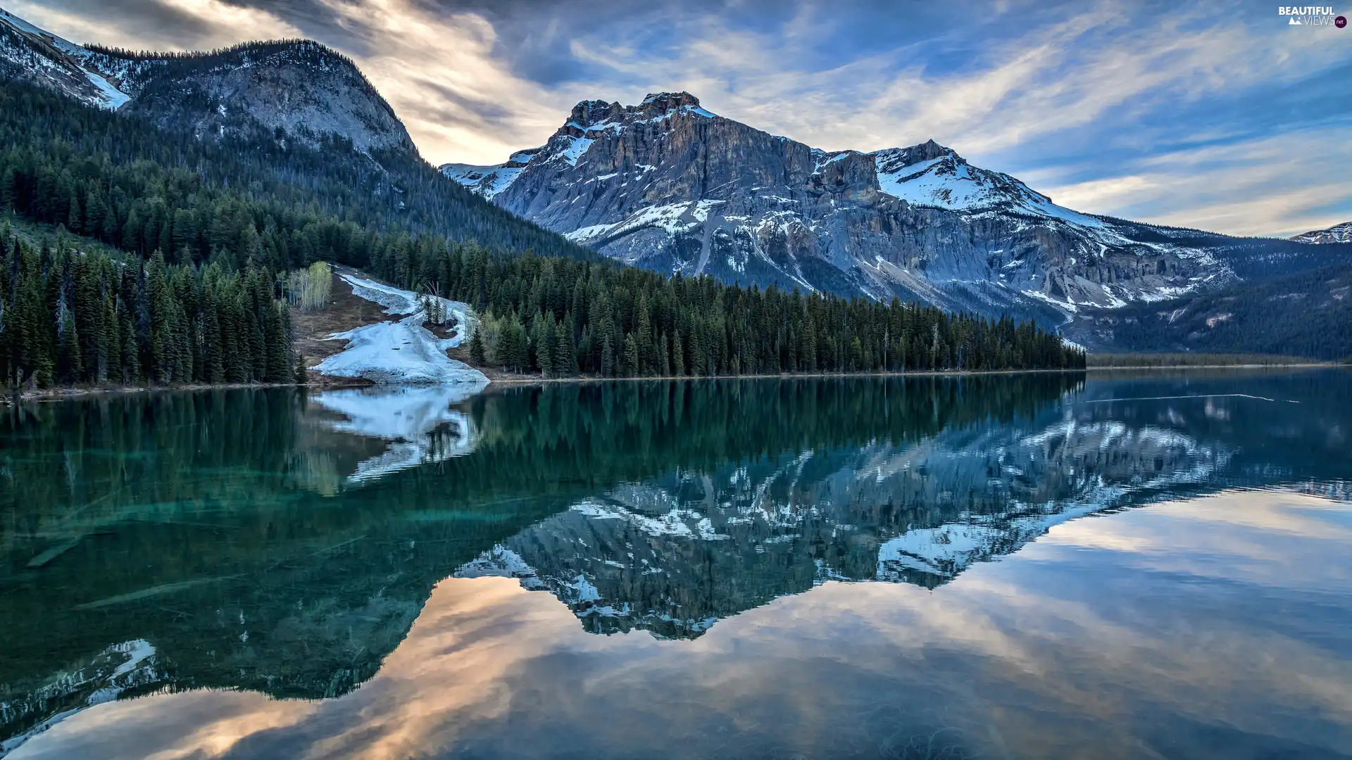snow, Mountains, viewes, reflection, trees, lake