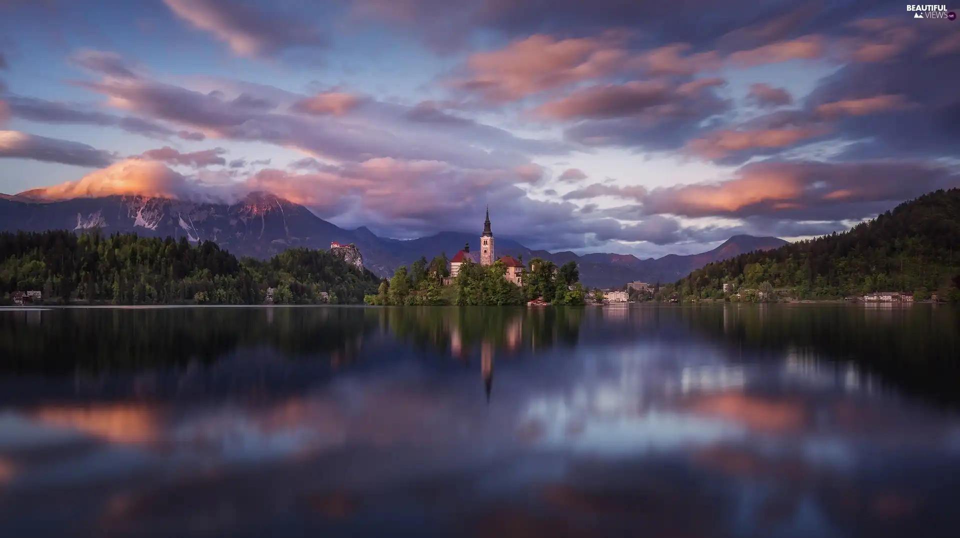 Church of the Annunciation of the Virgin Mary, Lake Bled, clouds, Blejski Otok Island, Slovenia, Mountains, reflection