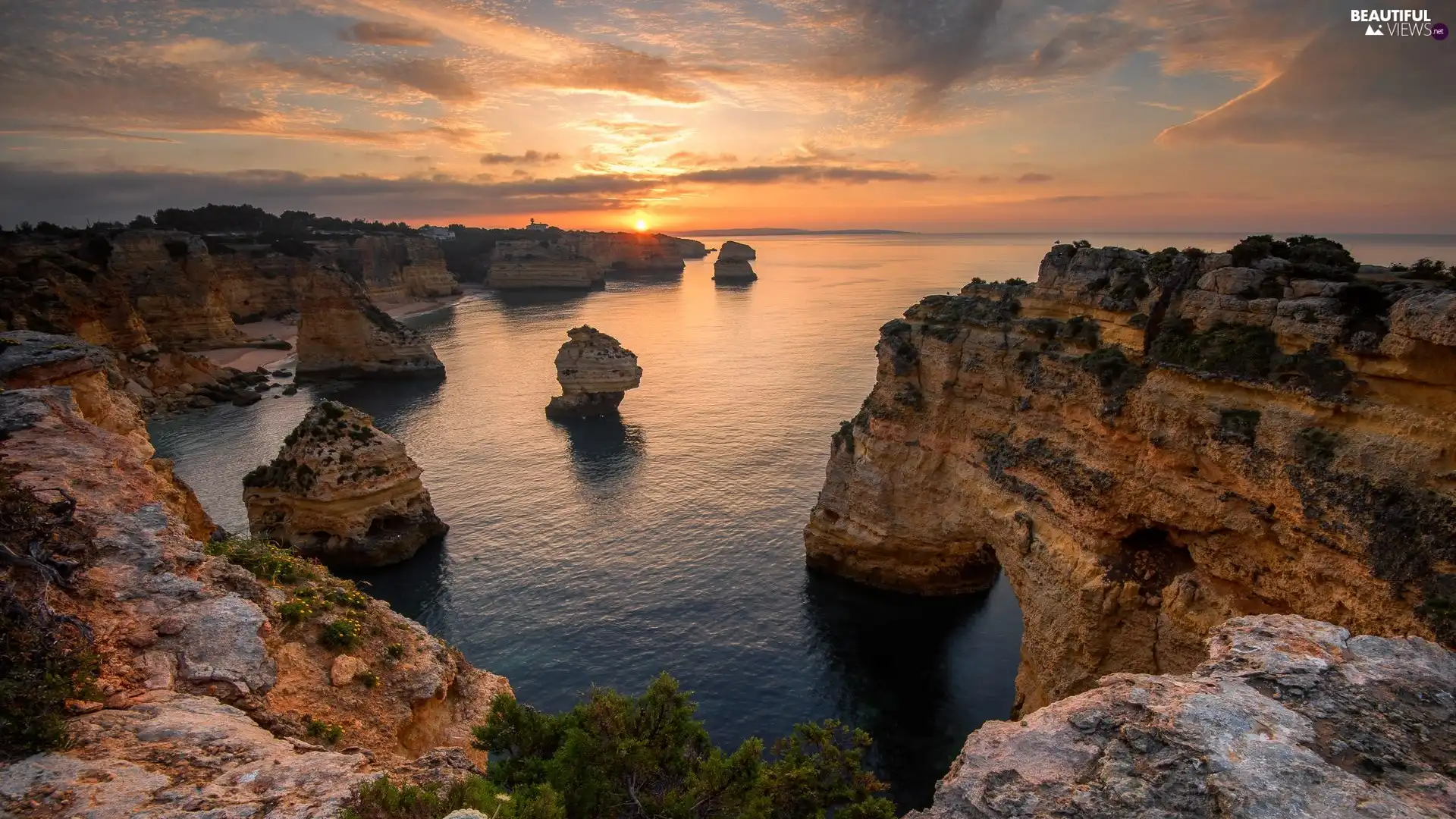 clouds, Great Sunsets, Portugal, sea, Algarve Region, rocks, Coast, Atlantic Ocean