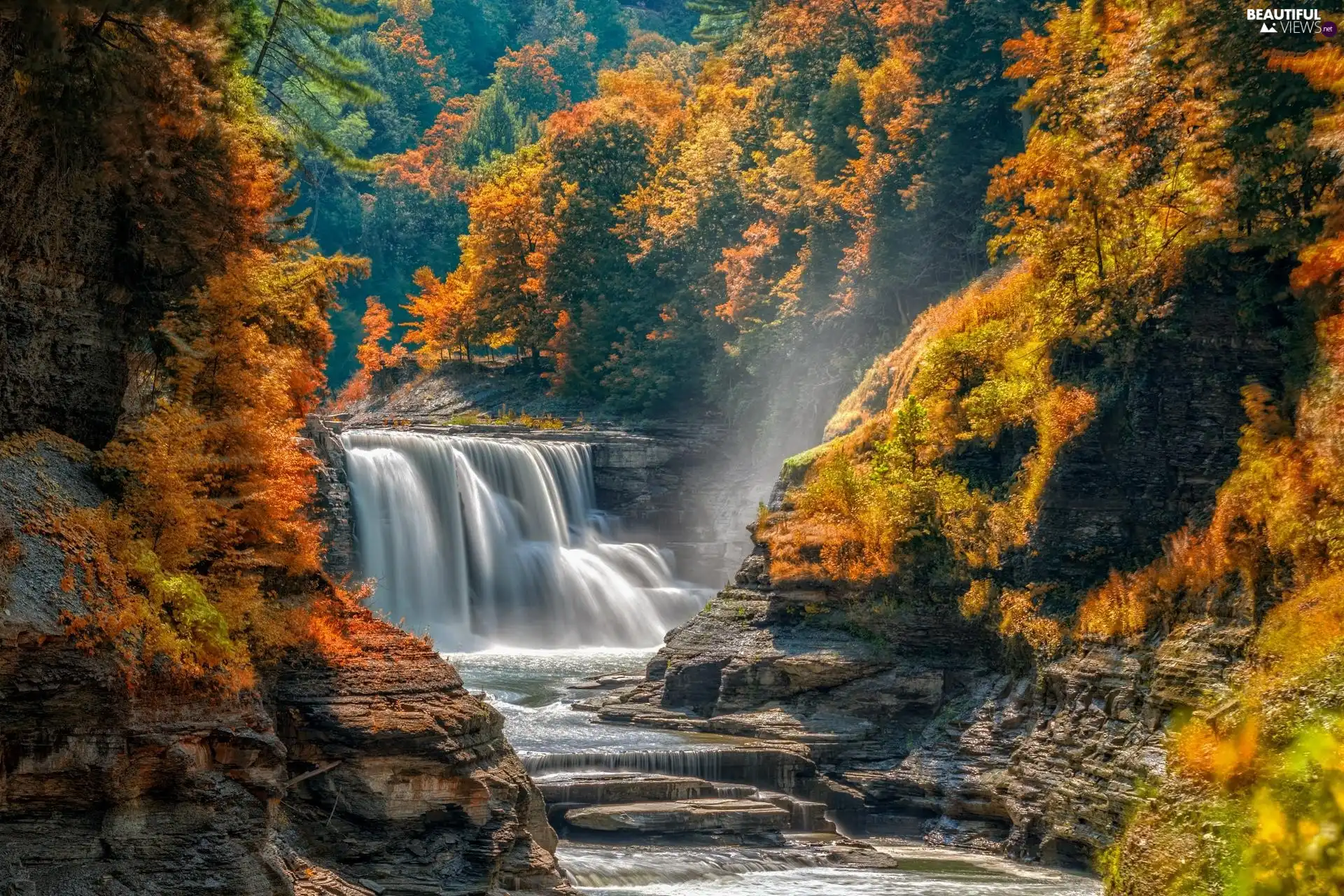 viewes, autumn, Fog, waterfall, rocks, trees, forest, River