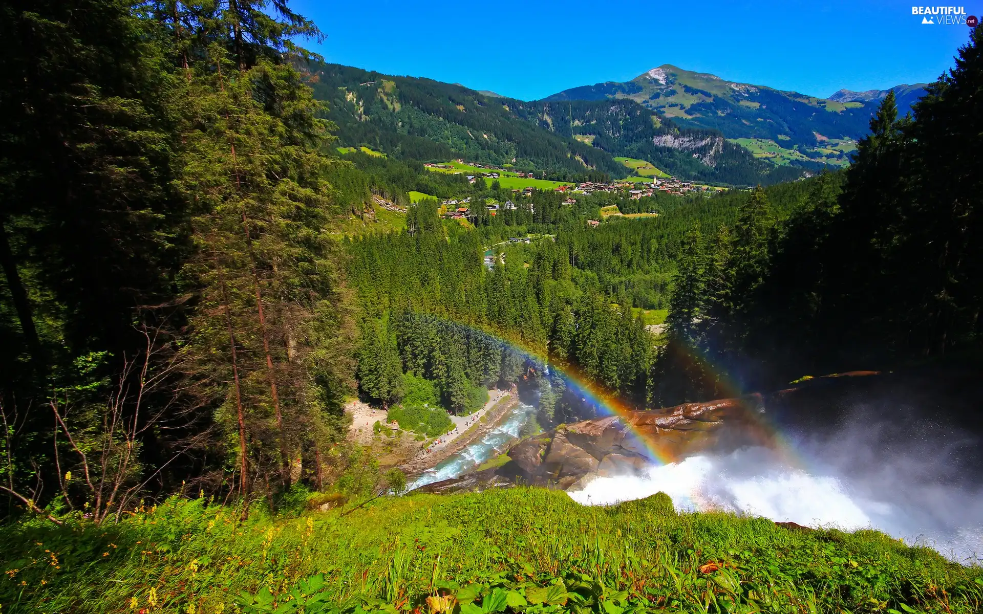 River, panorama, Mountains, woods, Great Rainbows ...