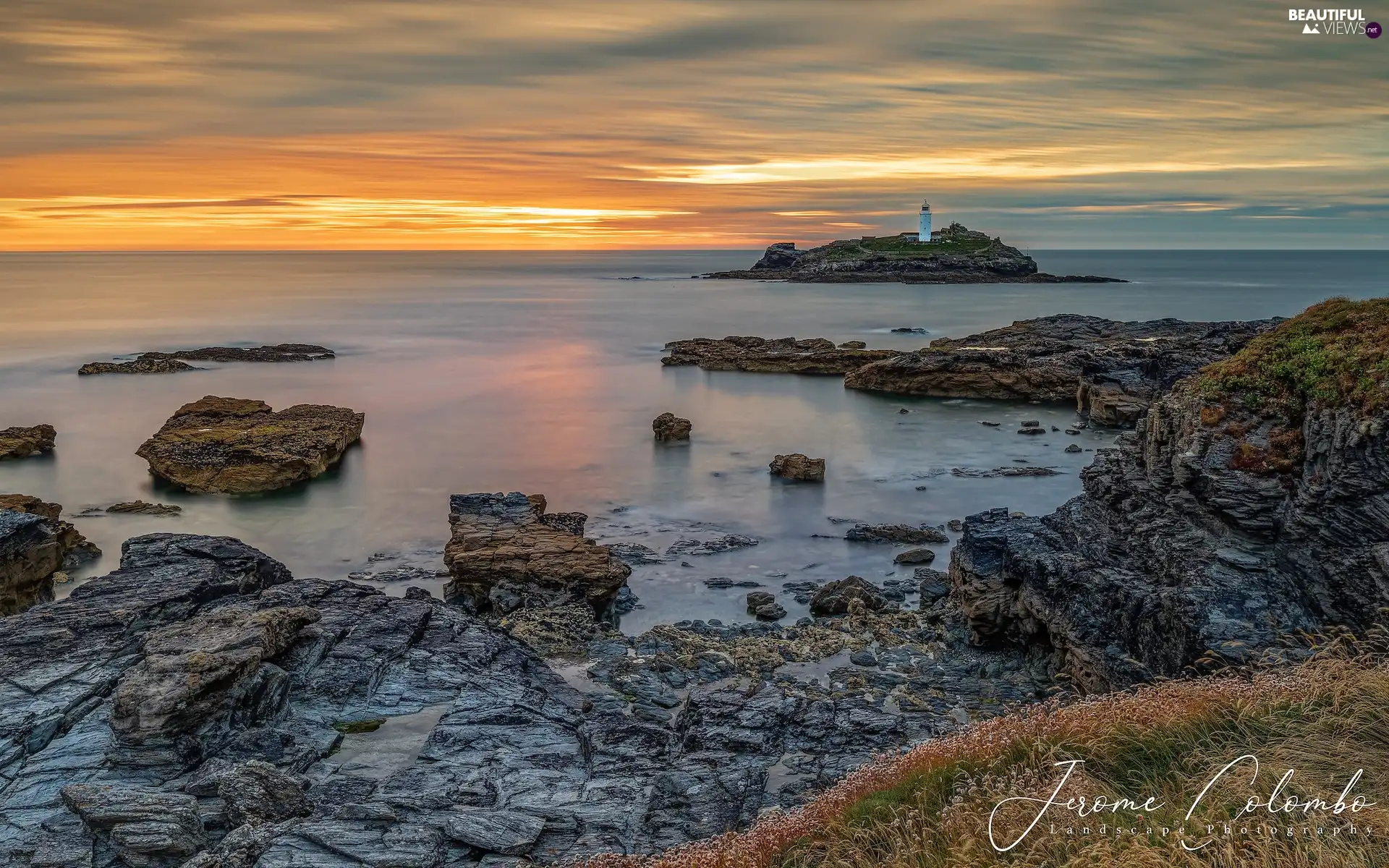 rocks, Islet, England, Godrevy Lighthouse, Cornwall, Coast, sea, Great Sunsets