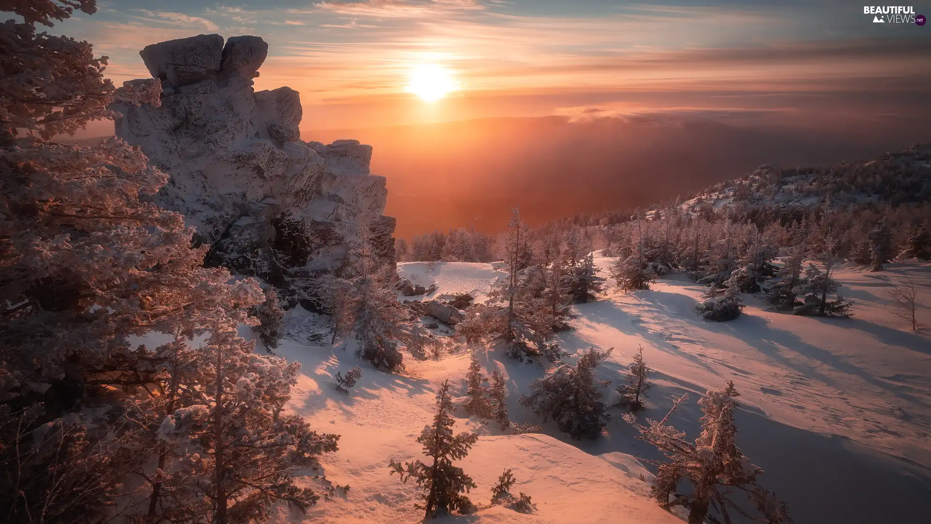 rocks, Snowy, Great Sunsets, trees, Bush, Mountains, winter, viewes