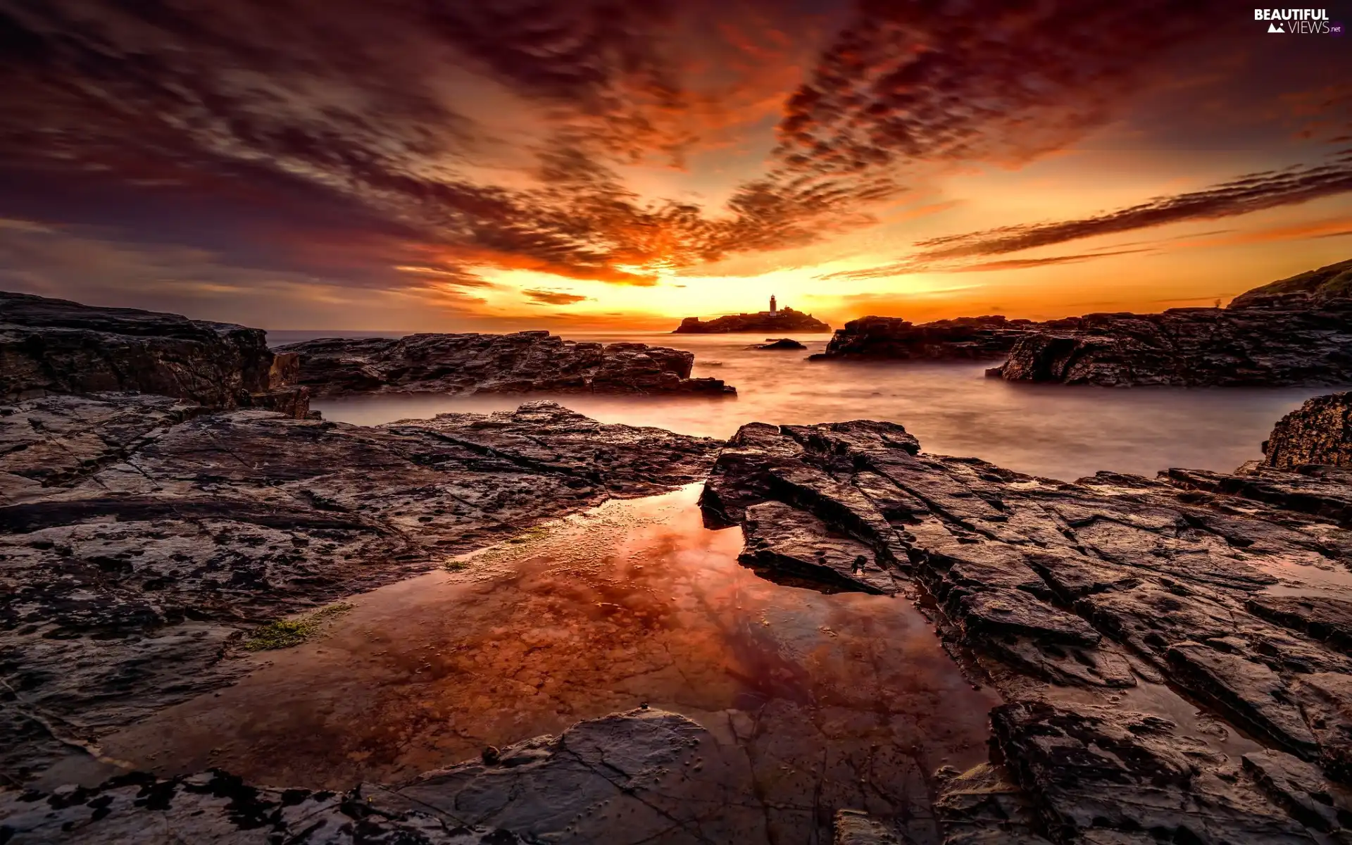 Stones, sea, Lighthouses, rocks, Great Sunsets