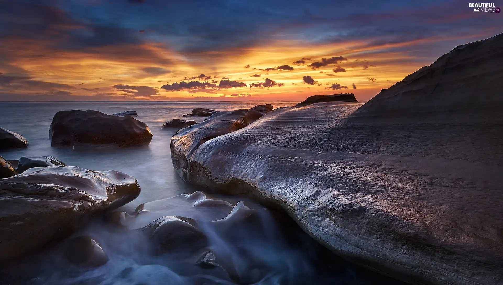 rocks, Great Sunsets, coast, Stones, sea