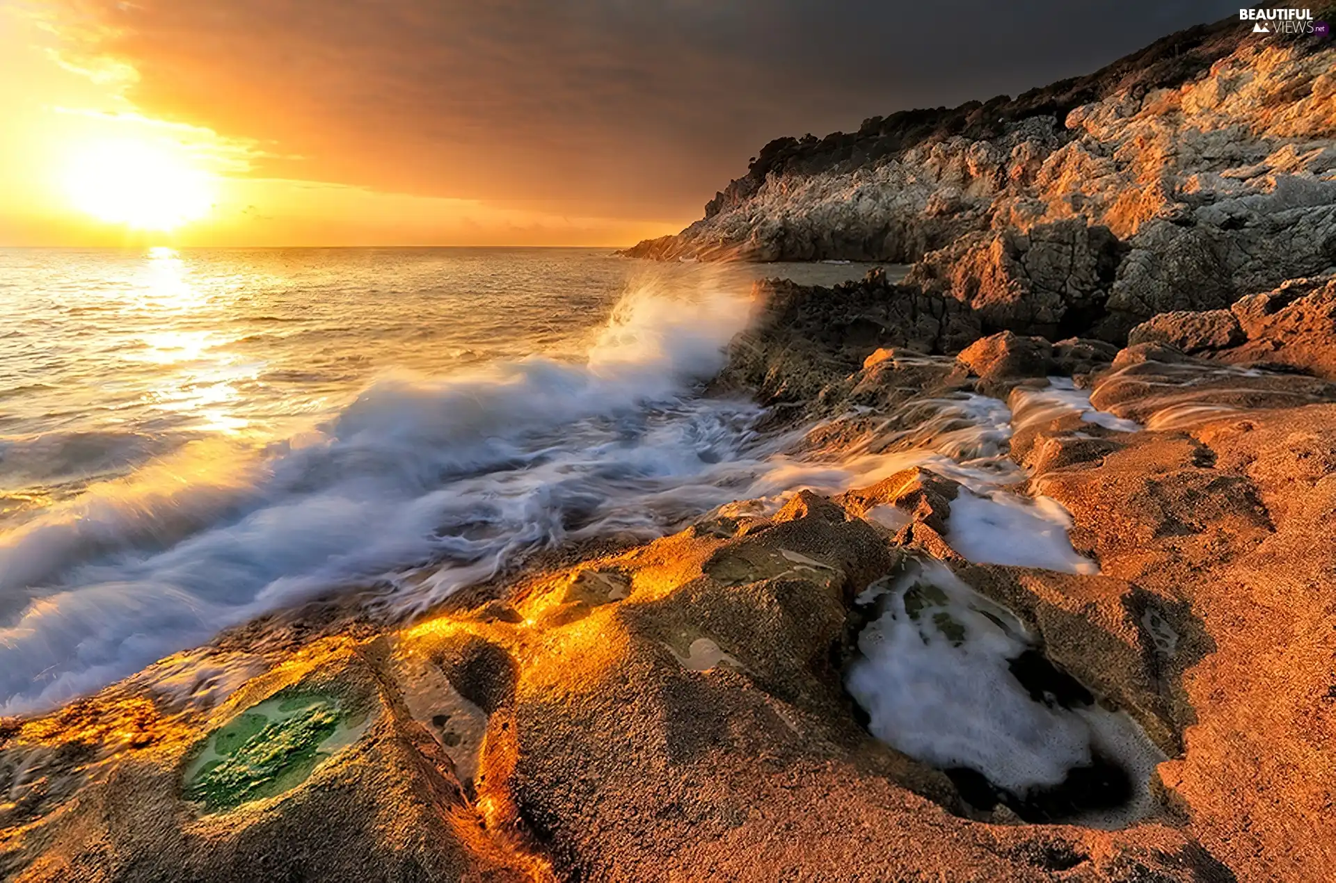 rocks, Waves, sun, sea, west
