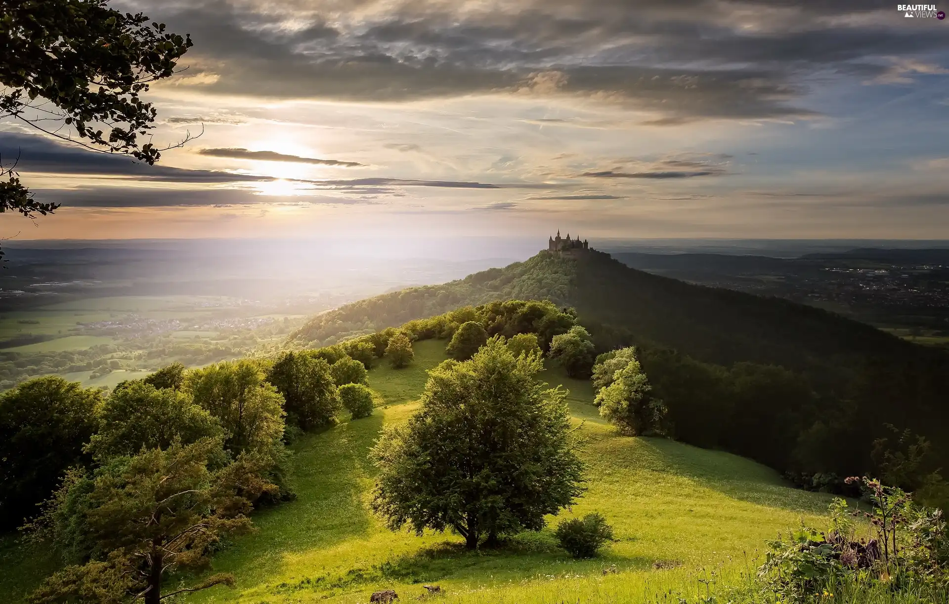 Mountains, Hohenzollern Mountain, Sunrise, Hohenzollern Castle, viewes, Baden-Württemberg, Germany, trees