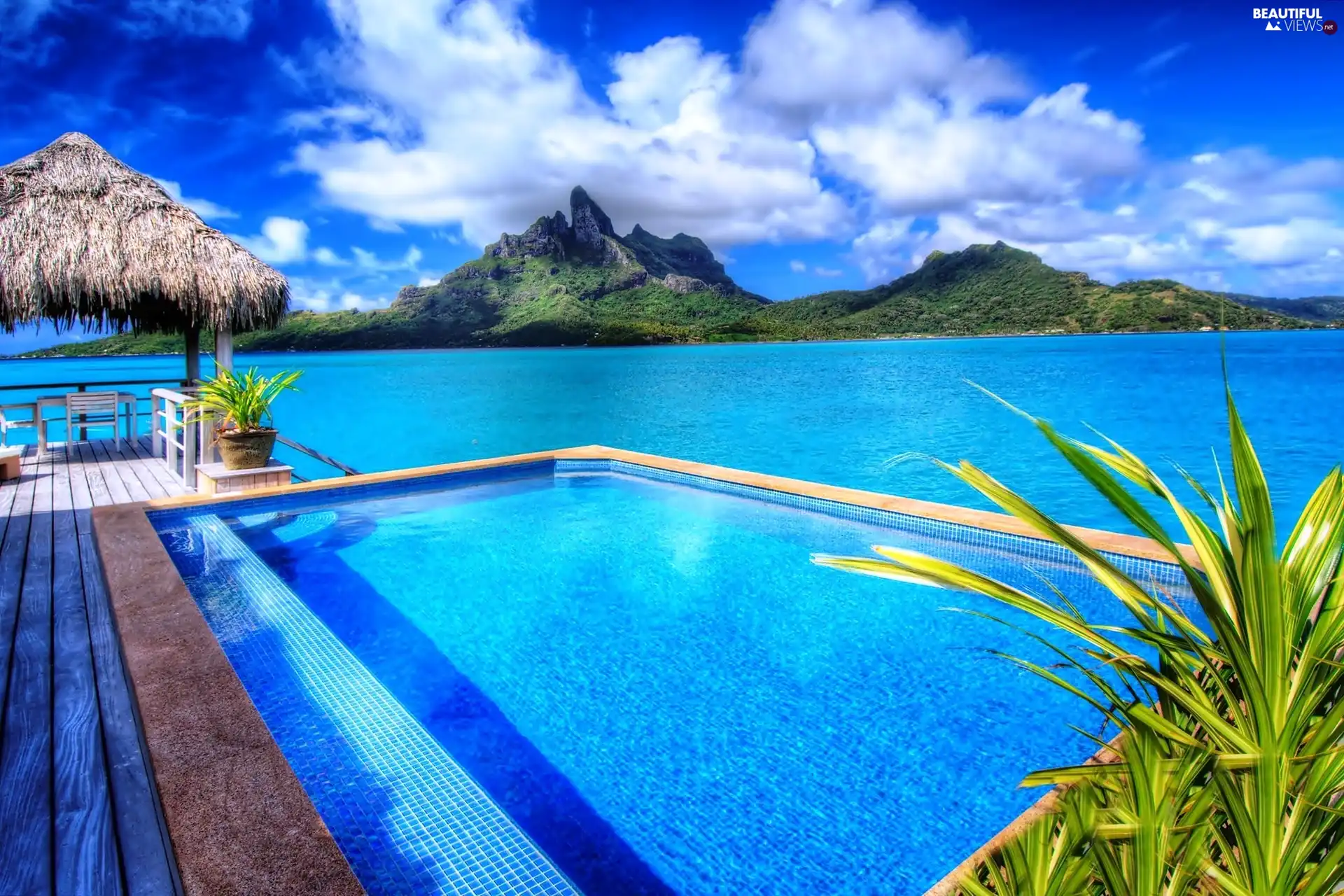 sea, Bora Bora, Pool, Mountains, Bungalow