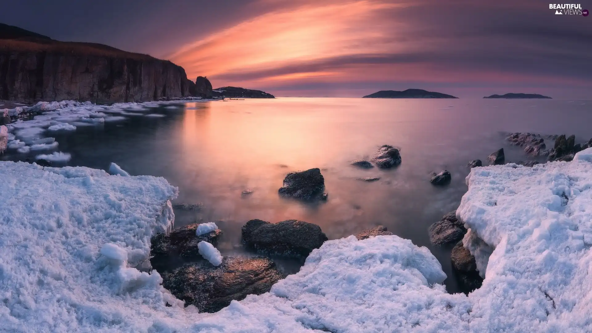 rocks, winter, cliff, Russia, Great Sunsets, Japanese Sea