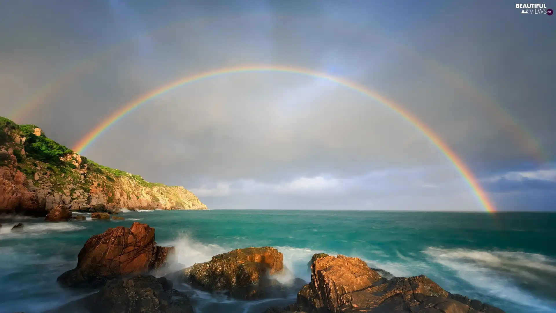 Waves, Great Rainbows, sea, rocks, Coast