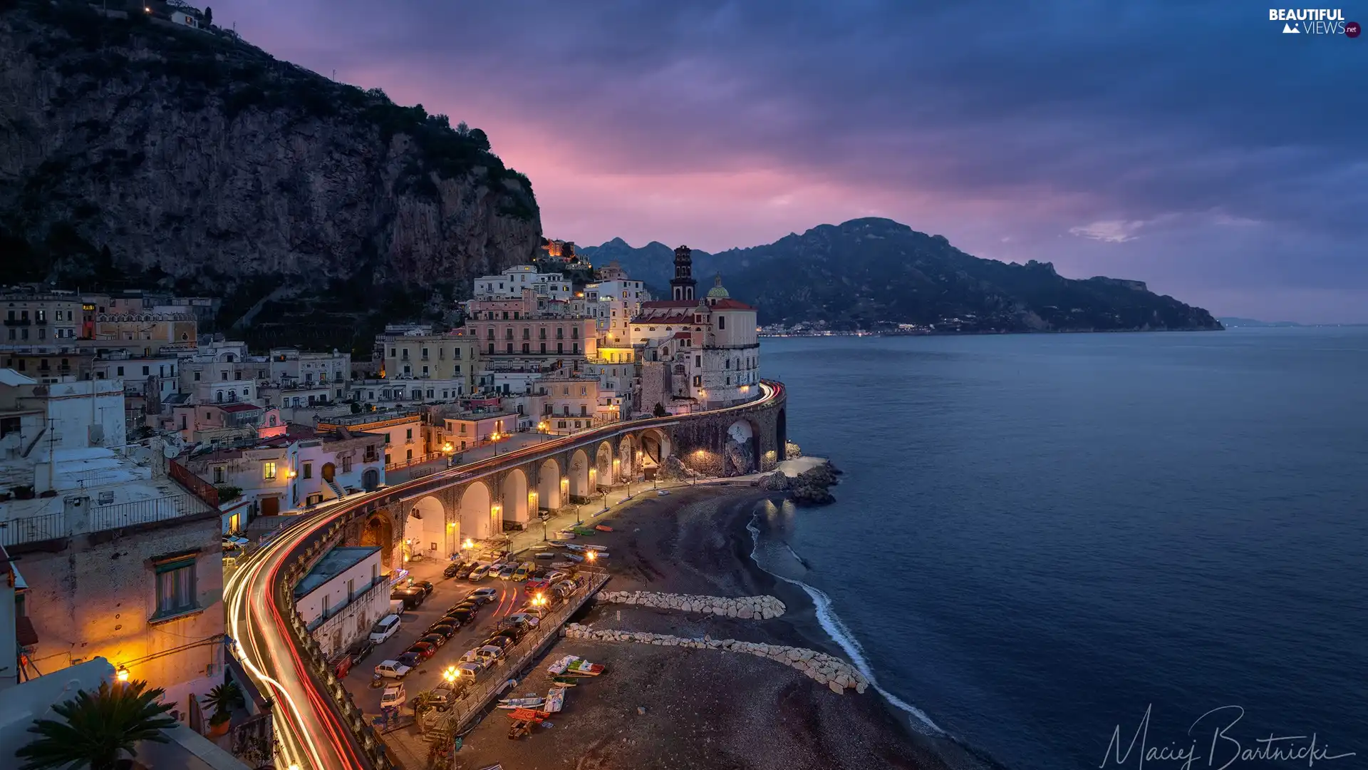 Mountains, Amalfi, Houses, sea, Italy, Coast, light
