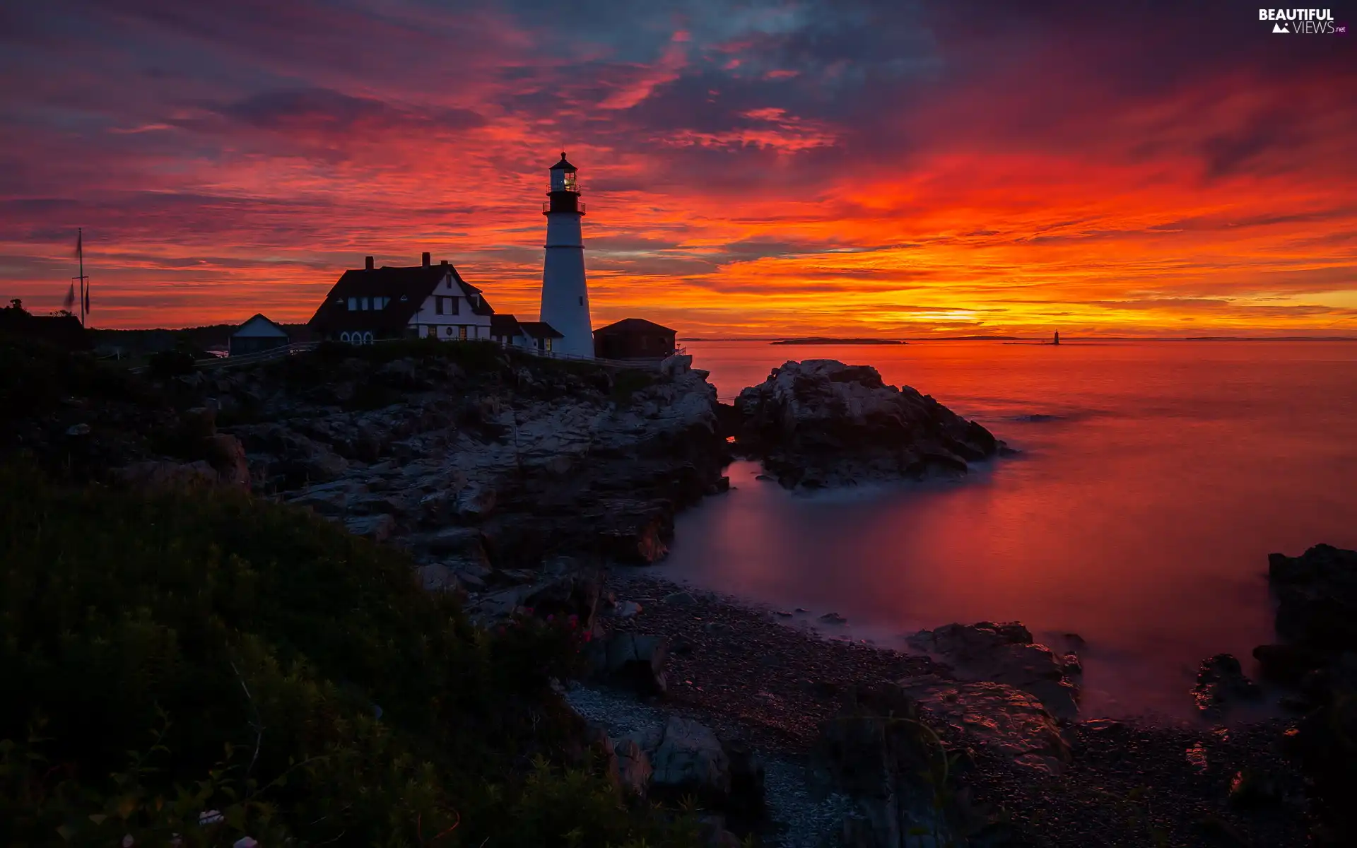 Cape Elizabeth, Sunrise, The United States, sea, State of Maine, Casco Bay, Portland Head Light, rocks