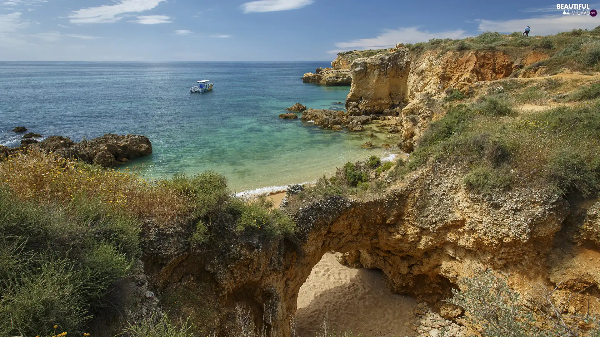 Coast, Portugal, Algarve Region, Praia dos Arrifes Beach, sea, Motor boat, rocks, VEGETATION, Cliffs