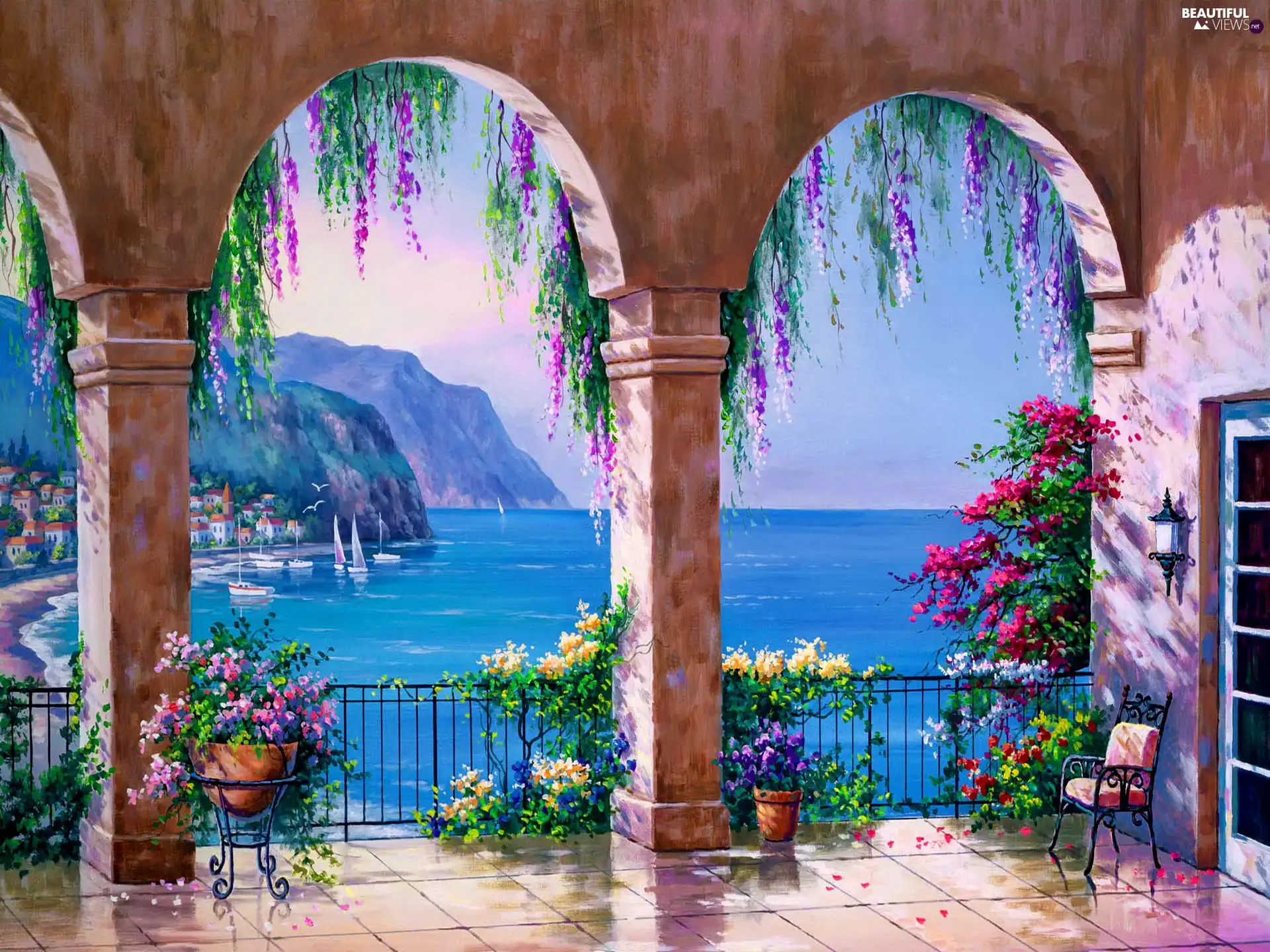 terrace, View, sea, Flowers