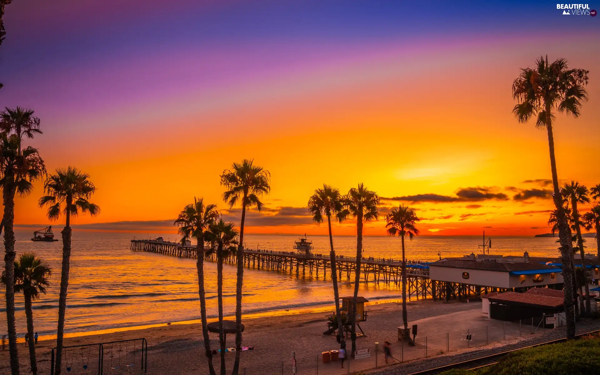 Palms, Beaches, The United States, San Clemente, California, pier, sea, Great Sunsets