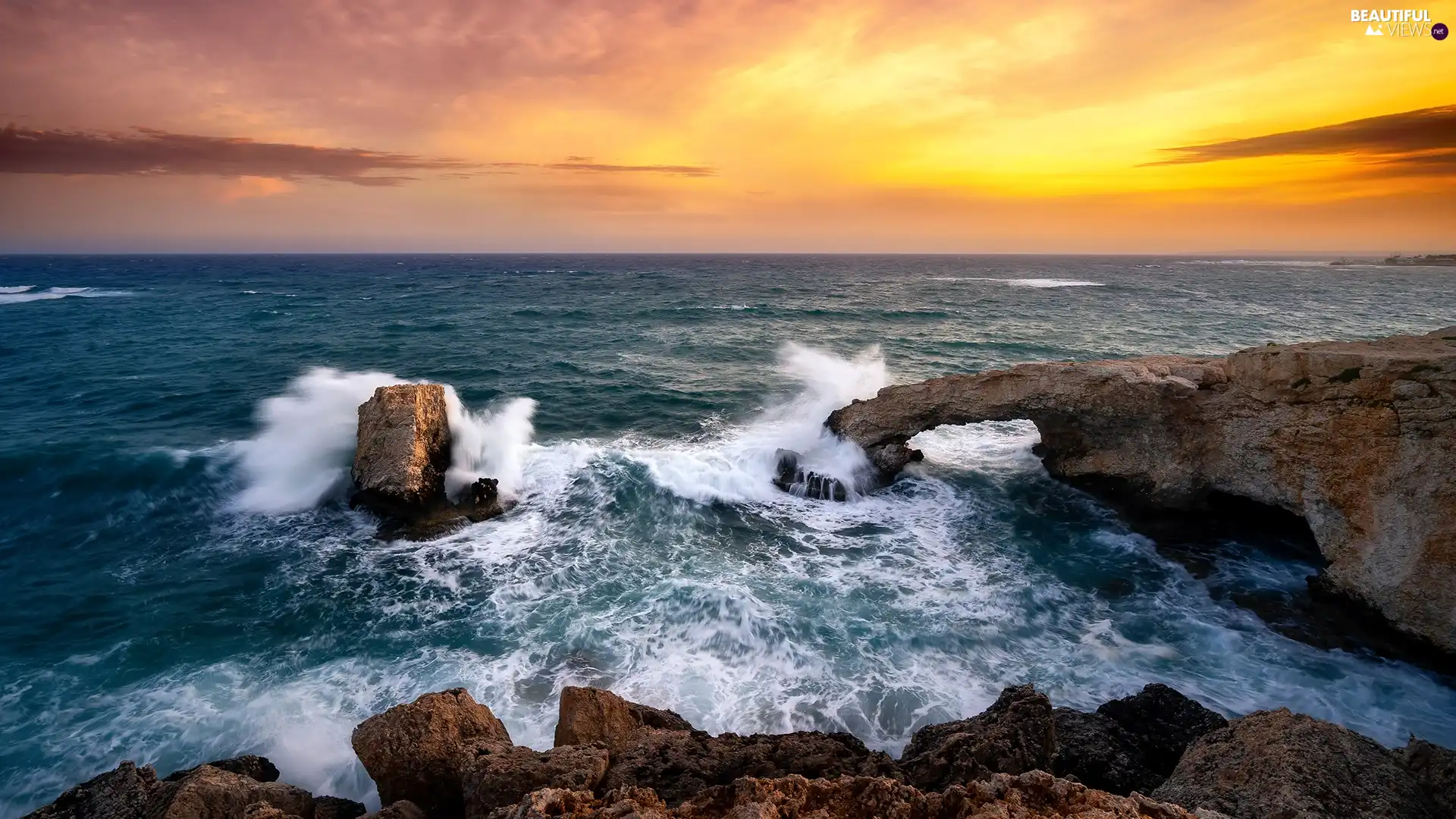 Waves, rocks, Sunrise, sea