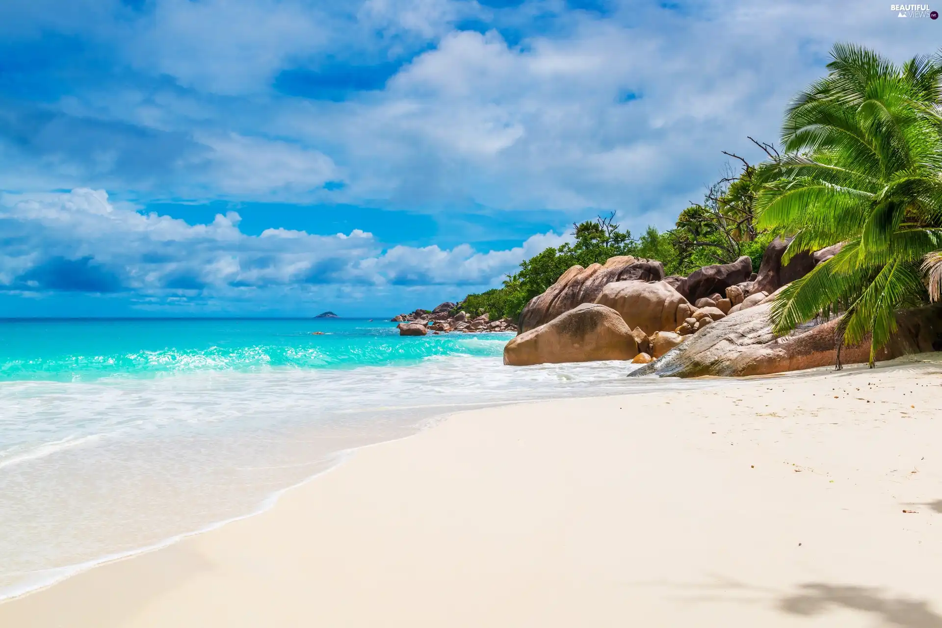 Seychelles, Anse St Jose Beach, Stones, Palms, sea, Curieuse Island