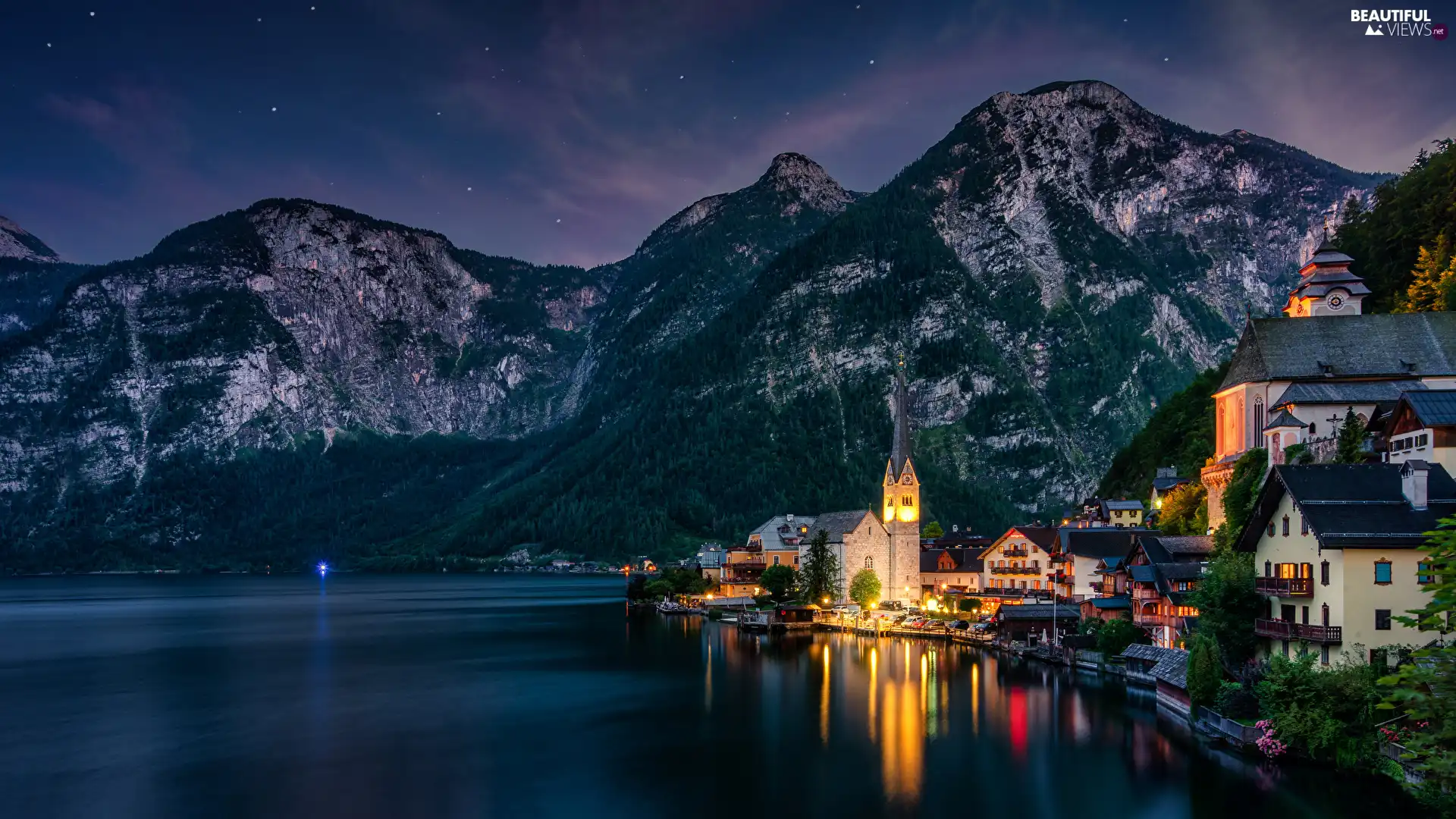 Mountains, Austria, Salzburg Slate Alps, Hallstattersee Lake, Church, Night, illuminated, Houses, Town Hallstatt
