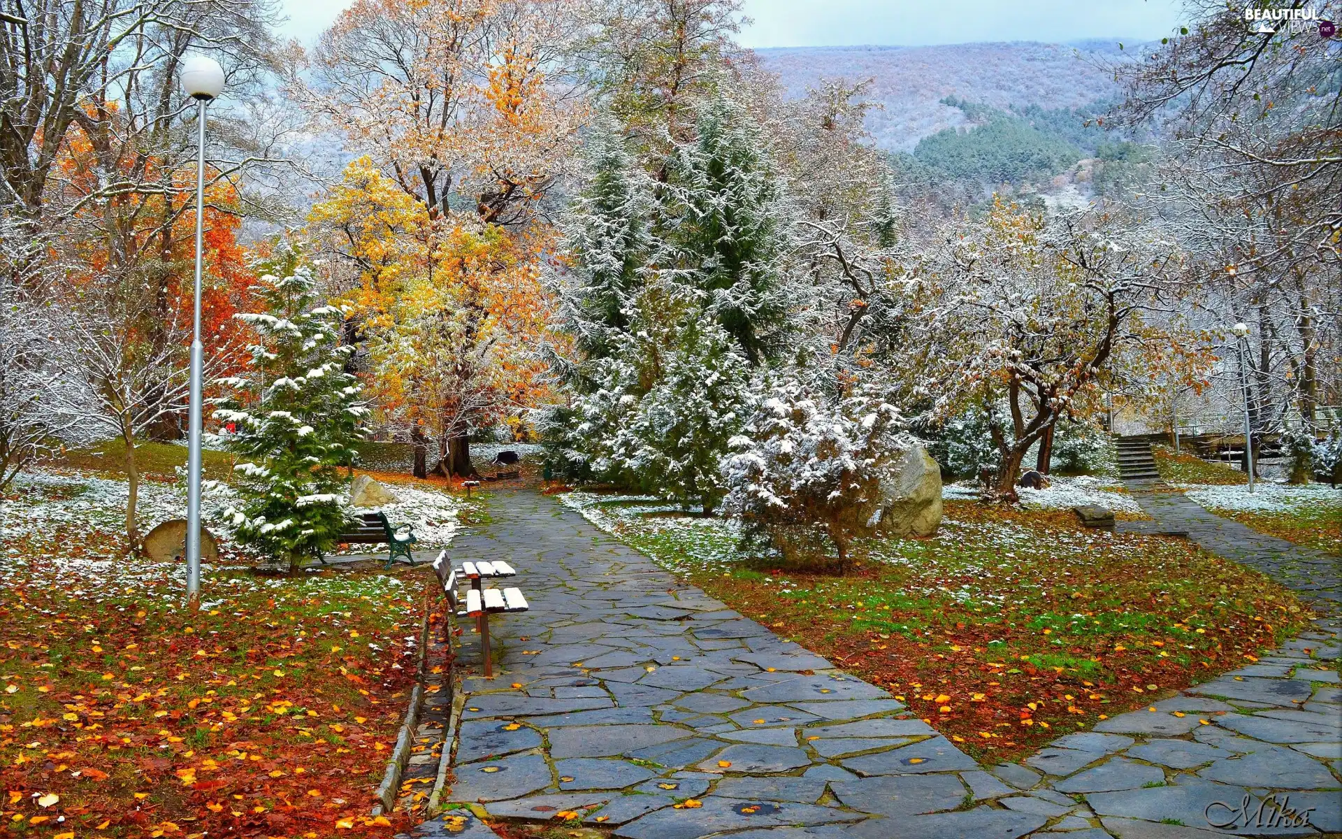 trees, autumn, bench, snow, Park, viewes, Alleys