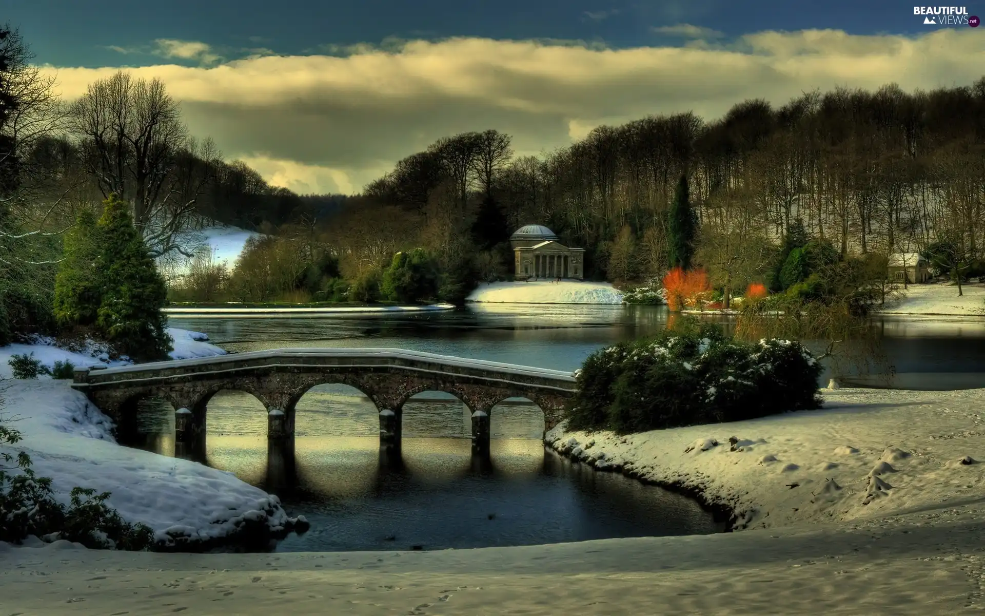 snow, lake, bridge