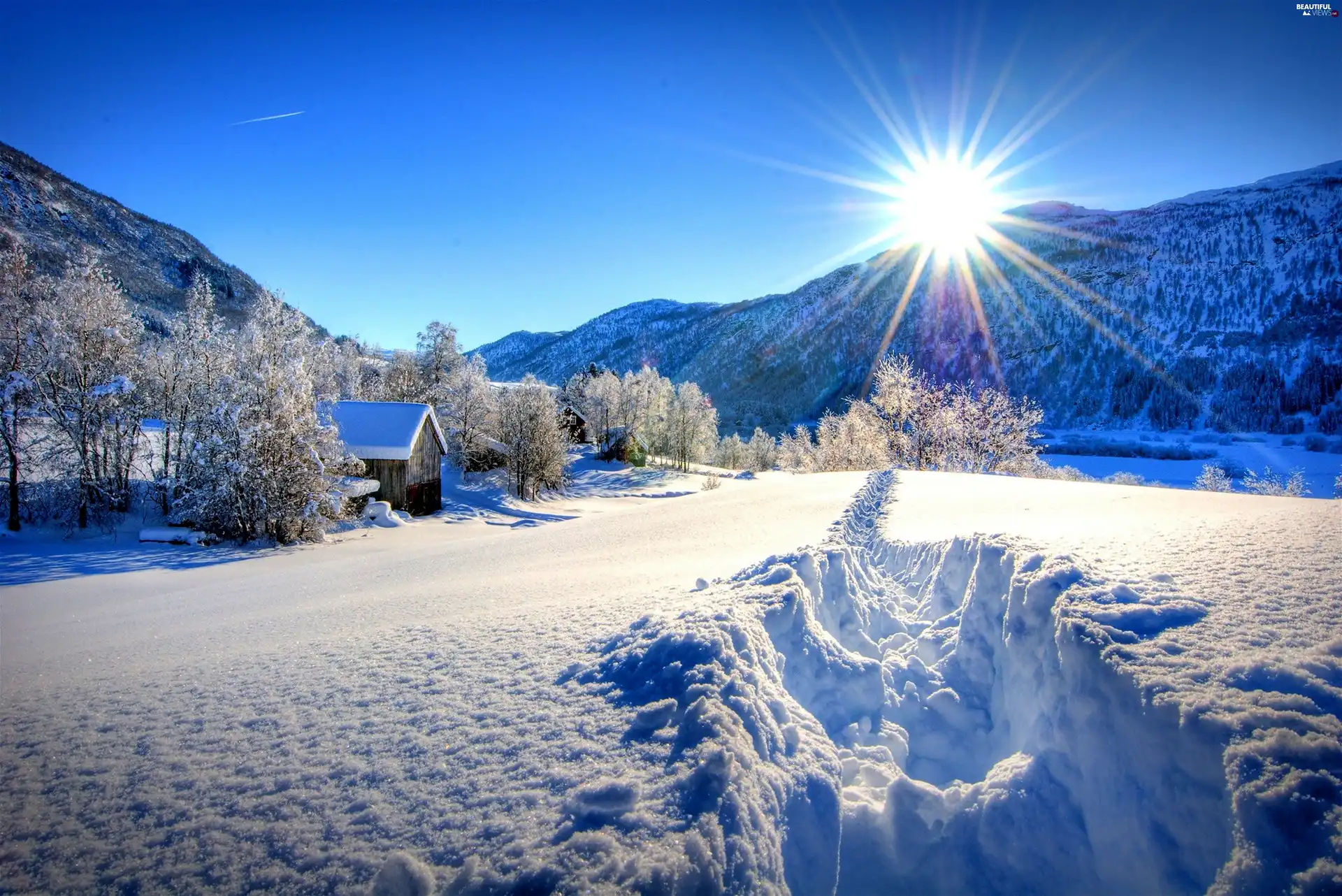Mountains, winter, rays of the Sun, house, forest, snow