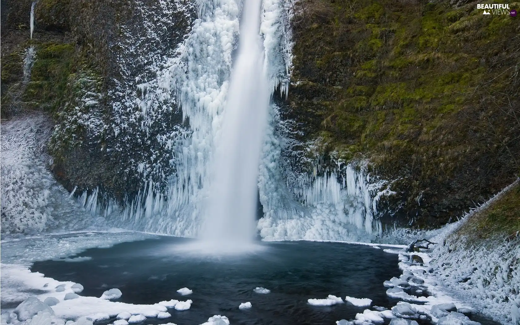 snow, frozen, waterfall