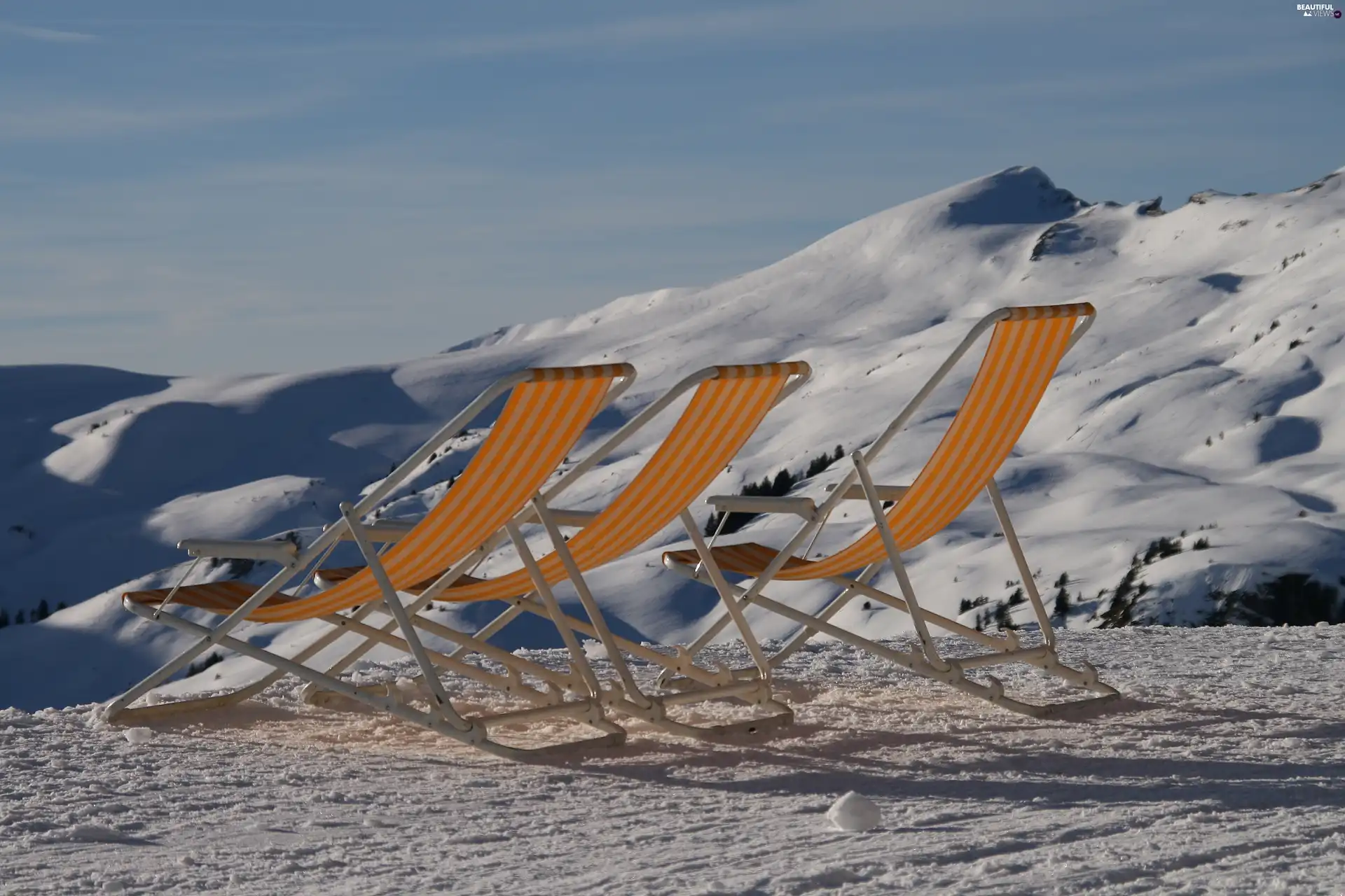 winter, deck chair, snow, Mountains